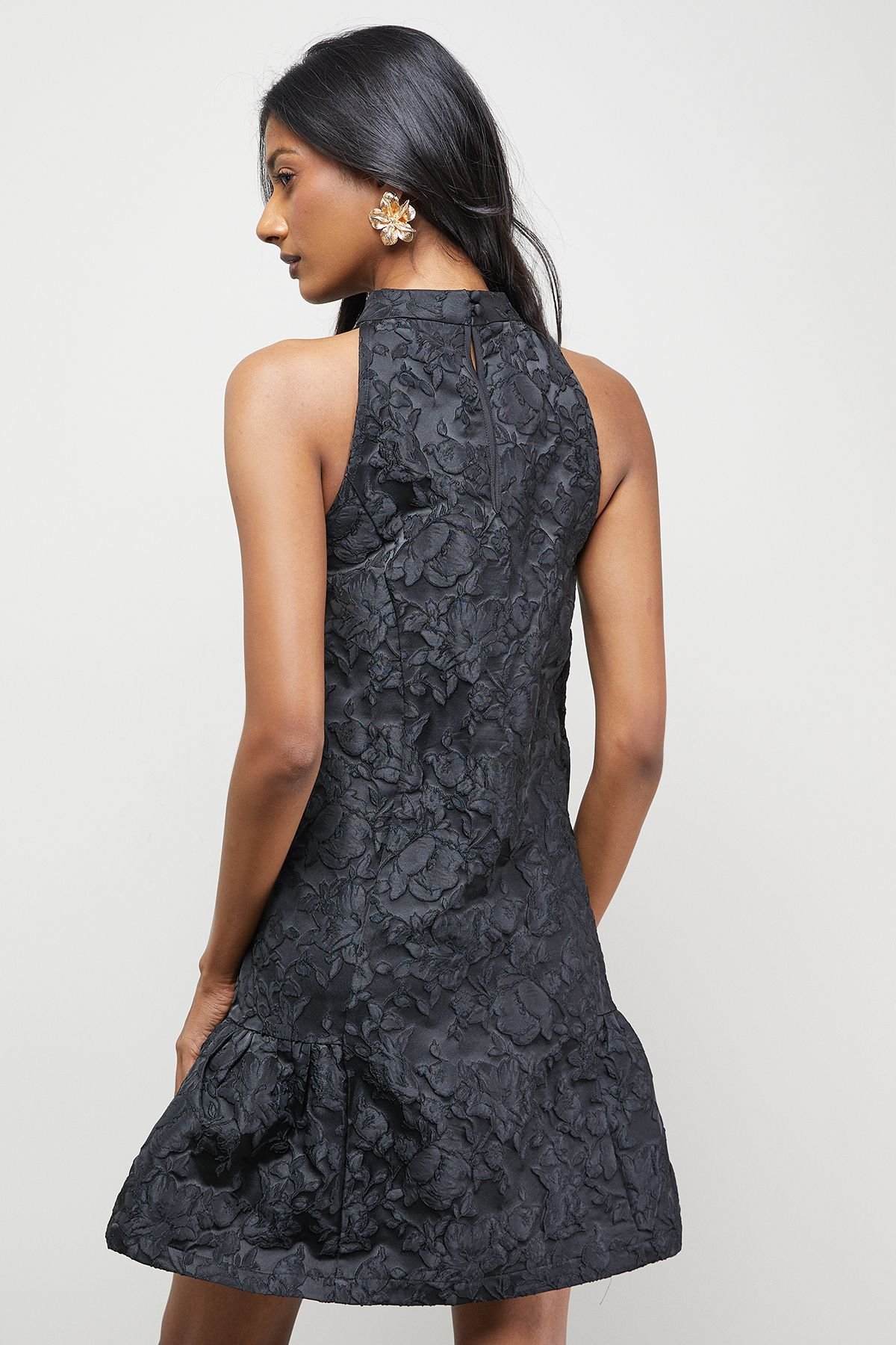 Warehouse Warehouse Women's Jacquard High Neck Drop Hem Mini Dress in Black - 3