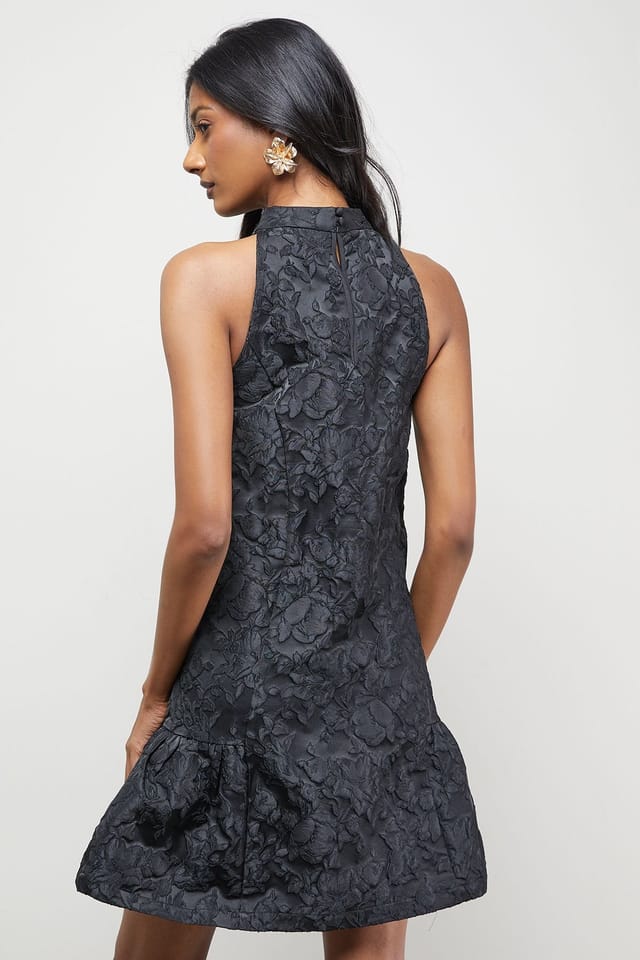 Warehouse Warehouse Women's Jacquard High Neck Drop Hem Mini Dress in Black - 3