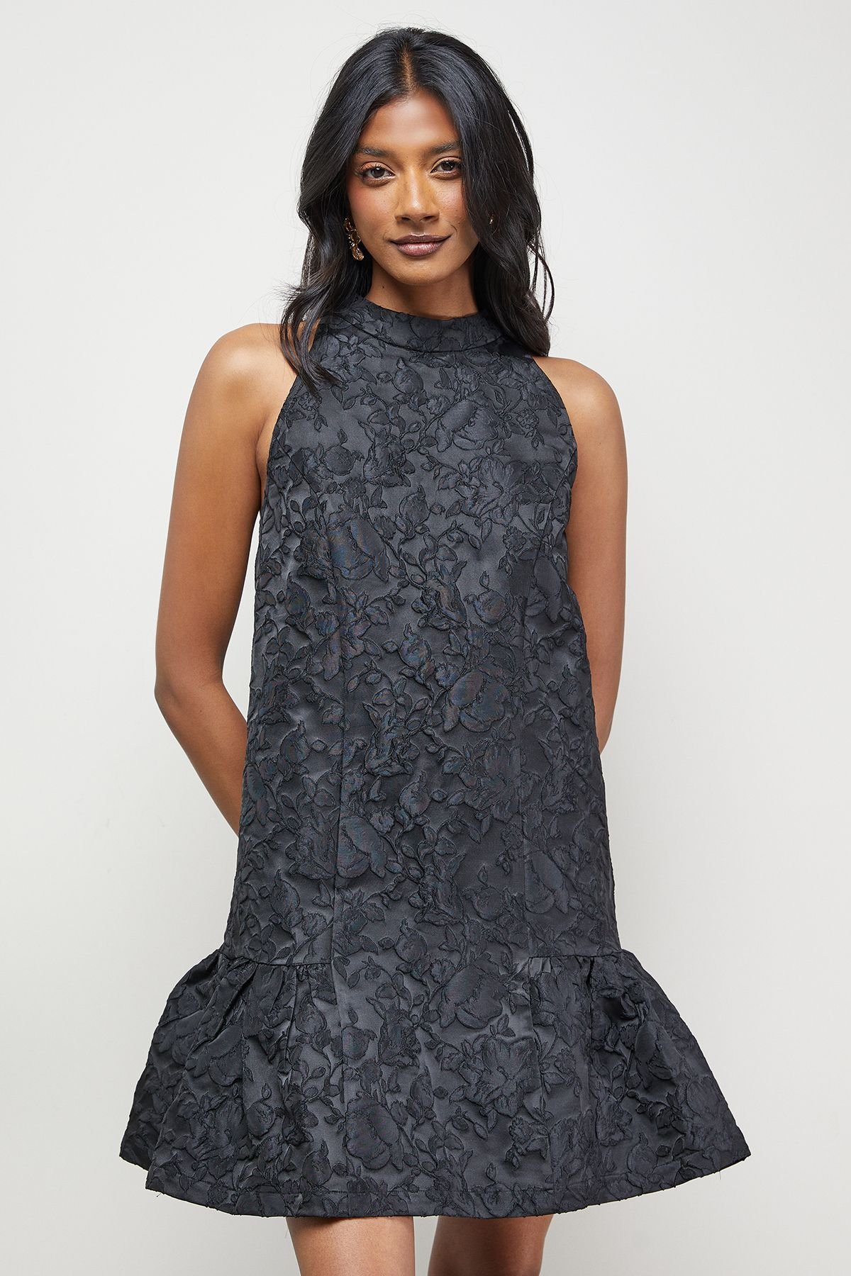 Warehouse Warehouse Women's Jacquard High Neck Drop Hem Mini Dress in Black - 4