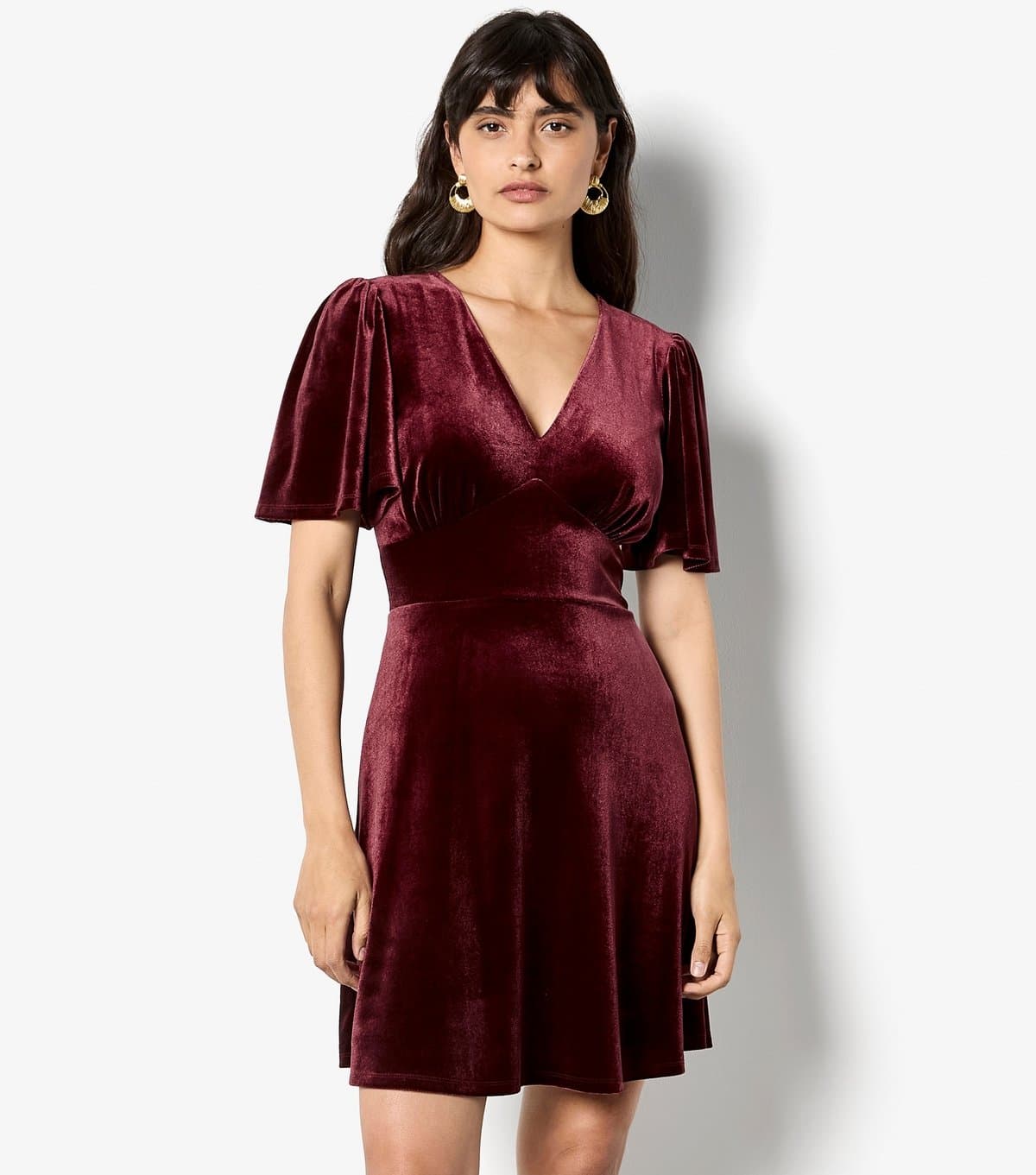 Apricot Women's Burgundy Velvet V Neck Empire Mini Dress Apricot New Look
