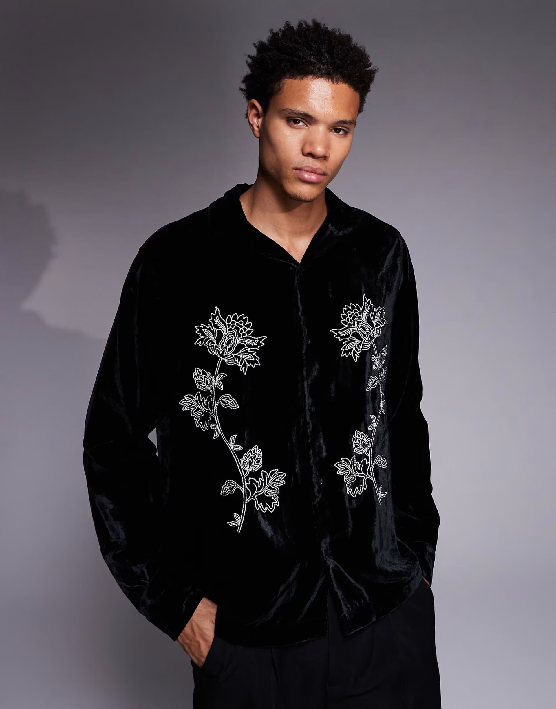 ASOS ASOS DESIGN relaxed velvet shirt with floral embroidery in black