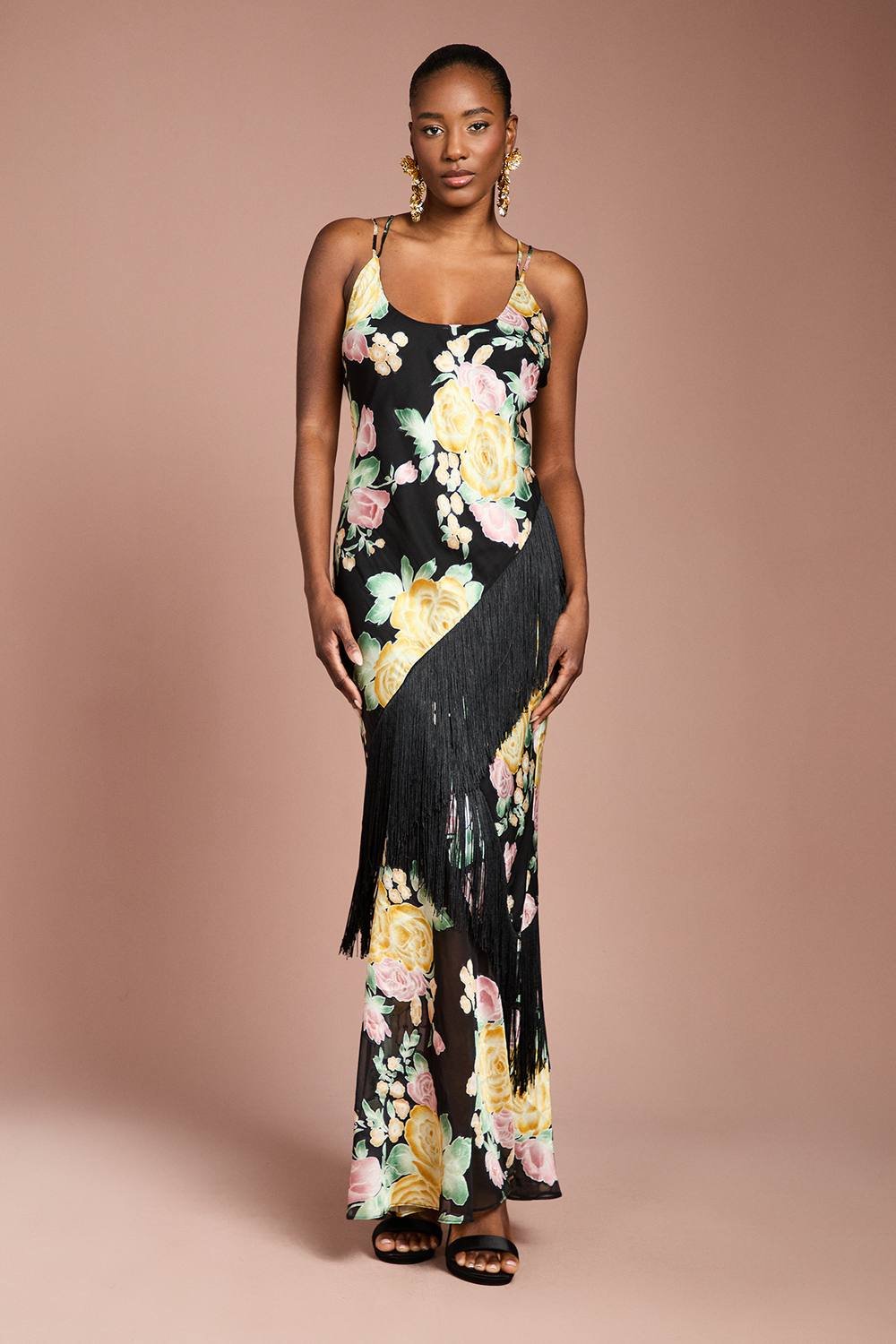 Coast Coast Women's Strappy Satin Jacquard Fringe Detail Maxi Dress in Black - 2