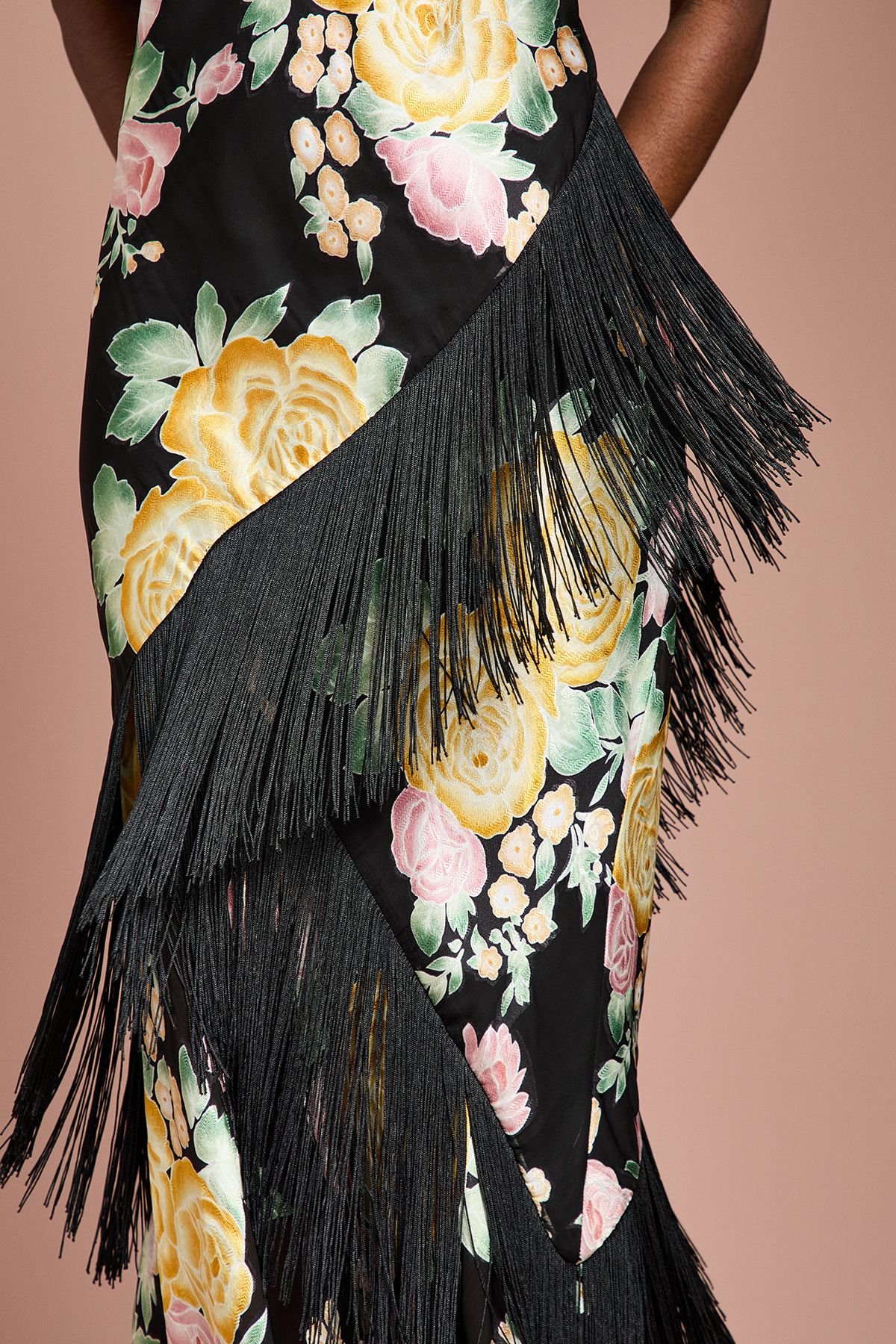 Coast Coast Women's Strappy Satin Jacquard Fringe Detail Maxi Dress in Black - 4