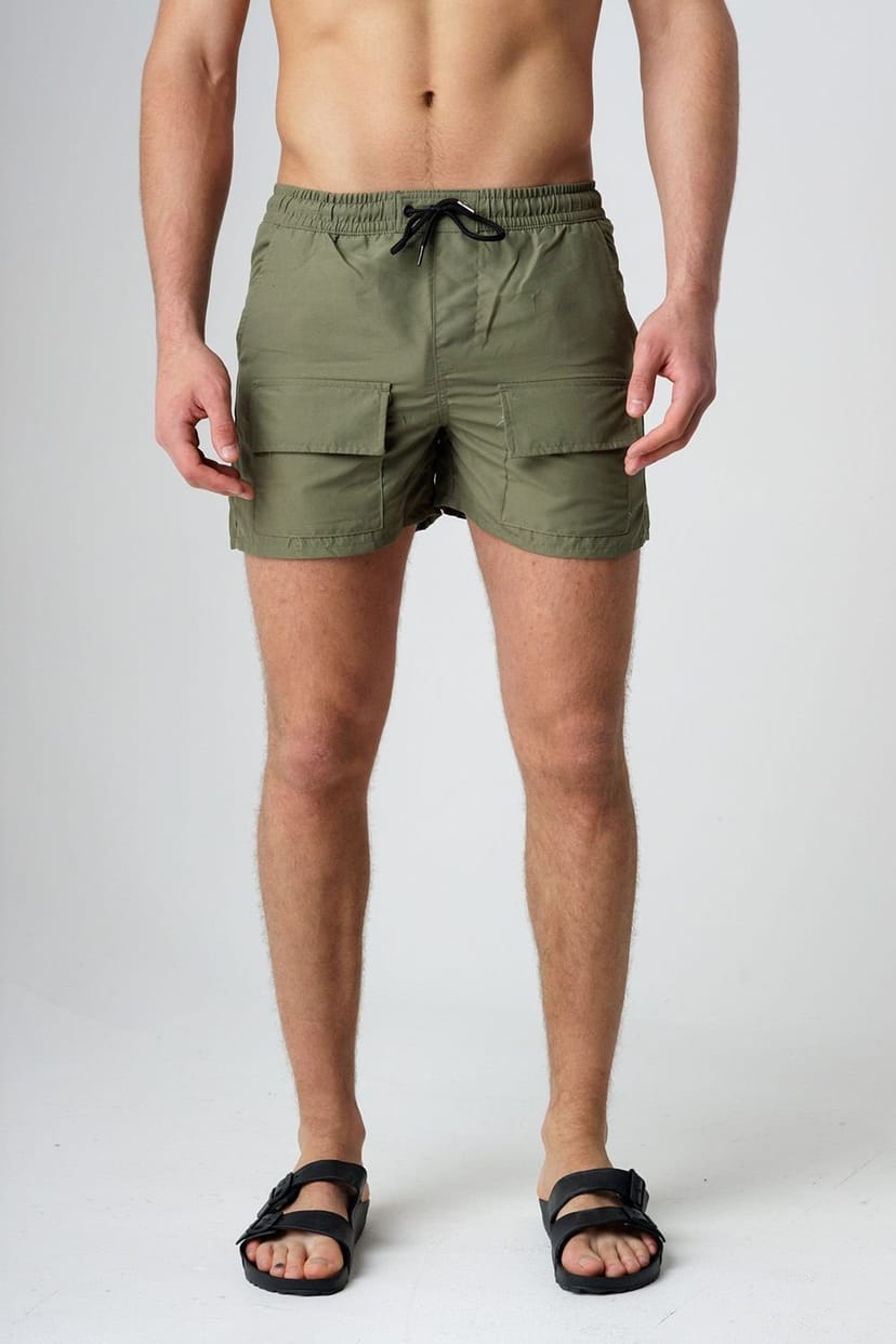 Influence Influence Men's Elasticated Cargo-Style Swim Shorts in Khaki - 1