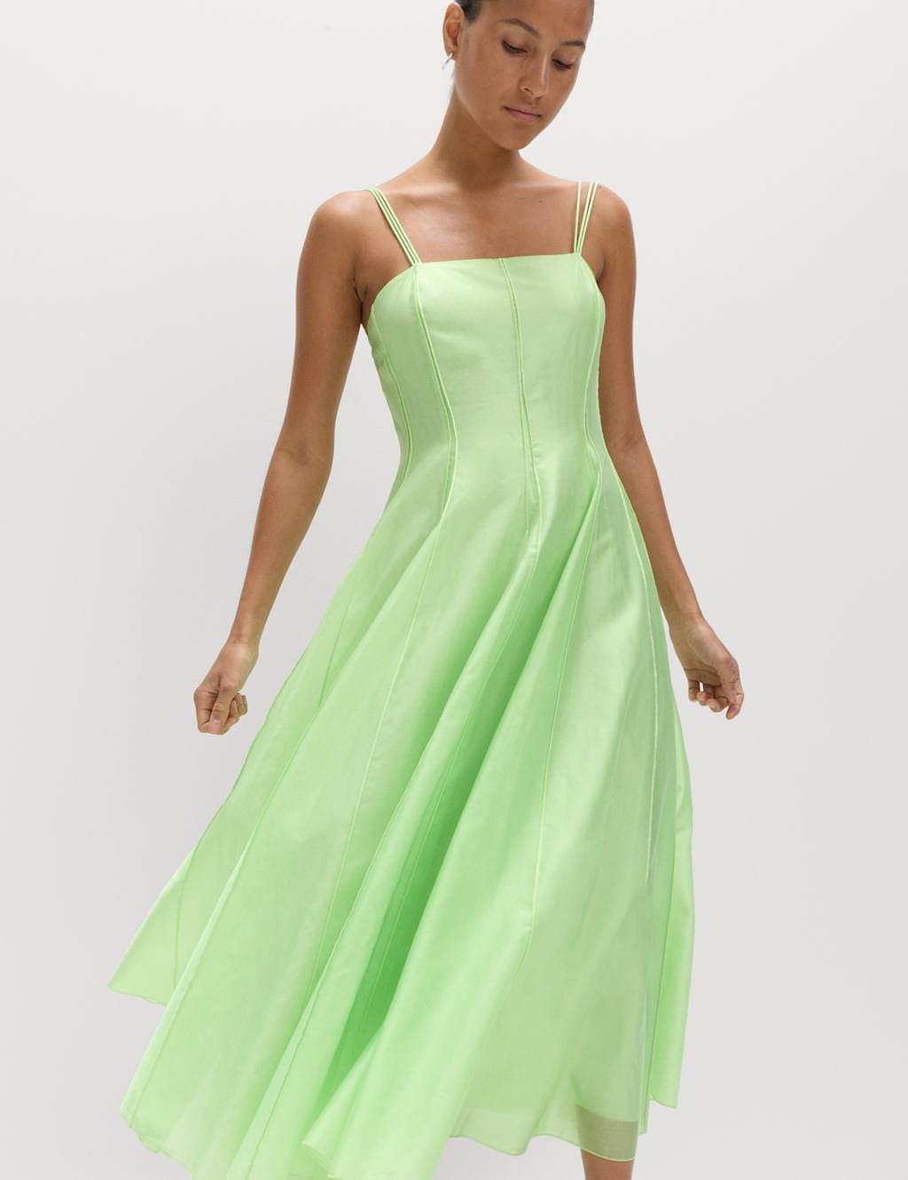 Marks & Spencer M&S Square Neck Panel Detail Strappy Midi Skater Dress Soft Green