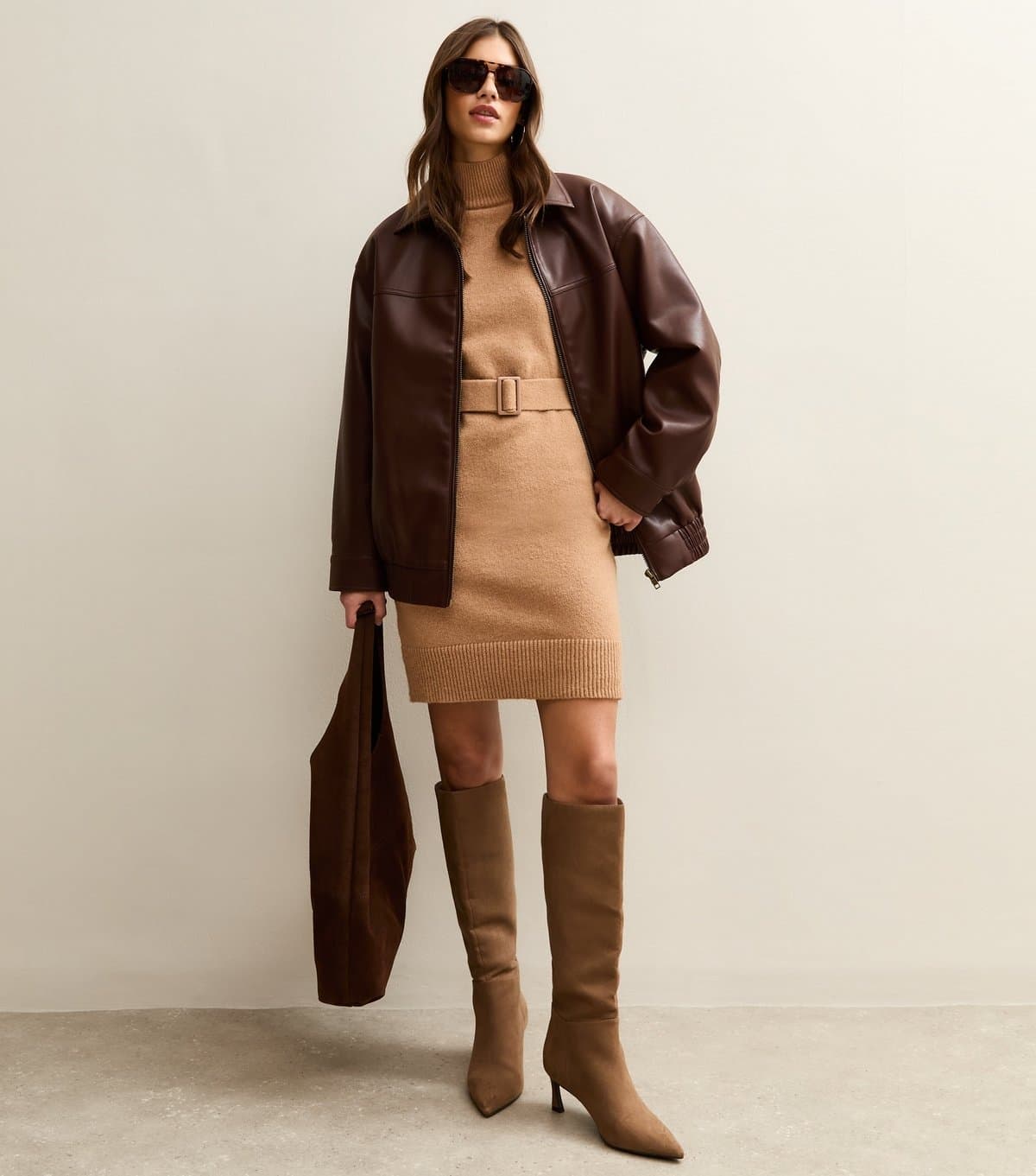 New Look Women's Camel High Neck Belted Mini Dress New Look