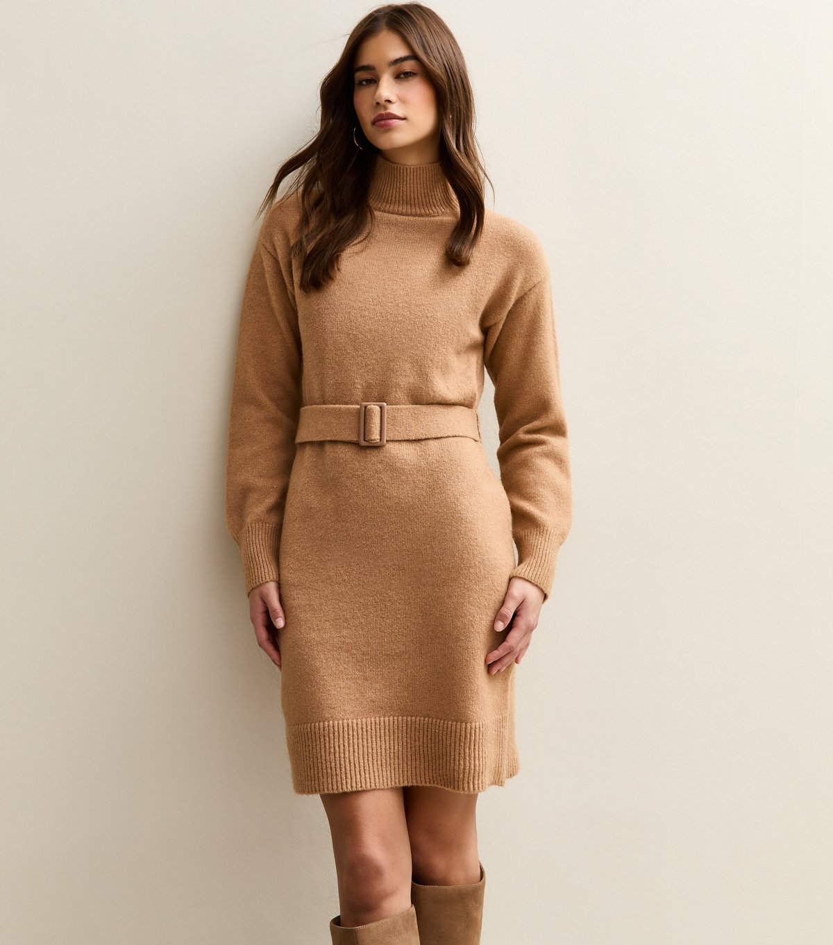 New Look Women's Camel High Neck Belted Mini Dress New Look - 2