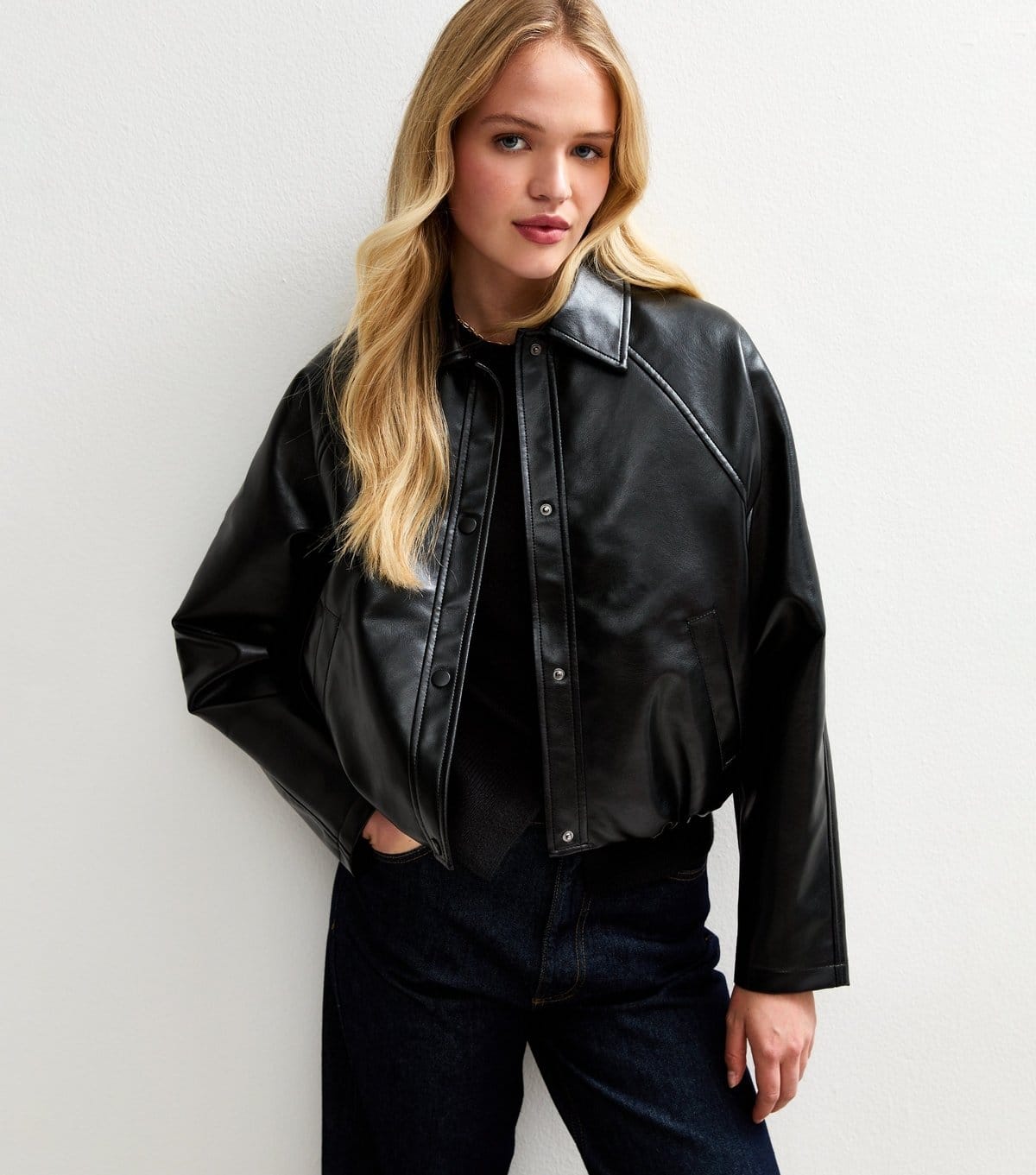 New Look Women's Black Bubble Hem Faux Leather Jacket New Look - 1