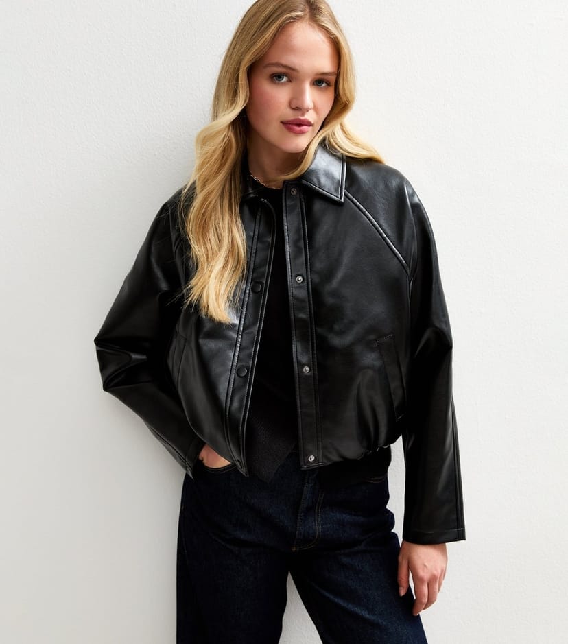 New Look Women's Black Bubble Hem Faux Leather Jacket New Look - 1