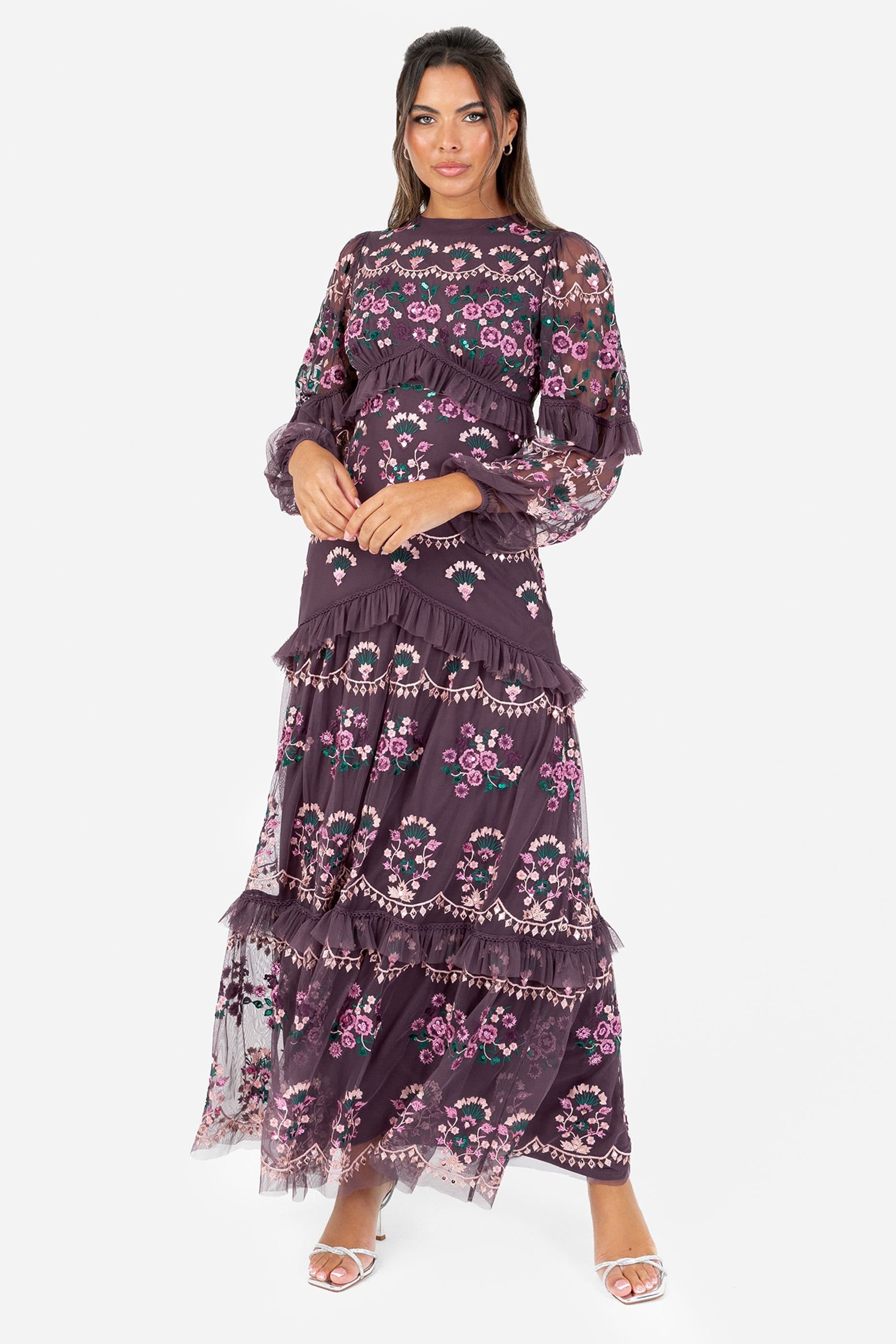 Maya Deluxe Maya Deluxe Women's Embroidered Long Sleeve Maxi Dress in Grape