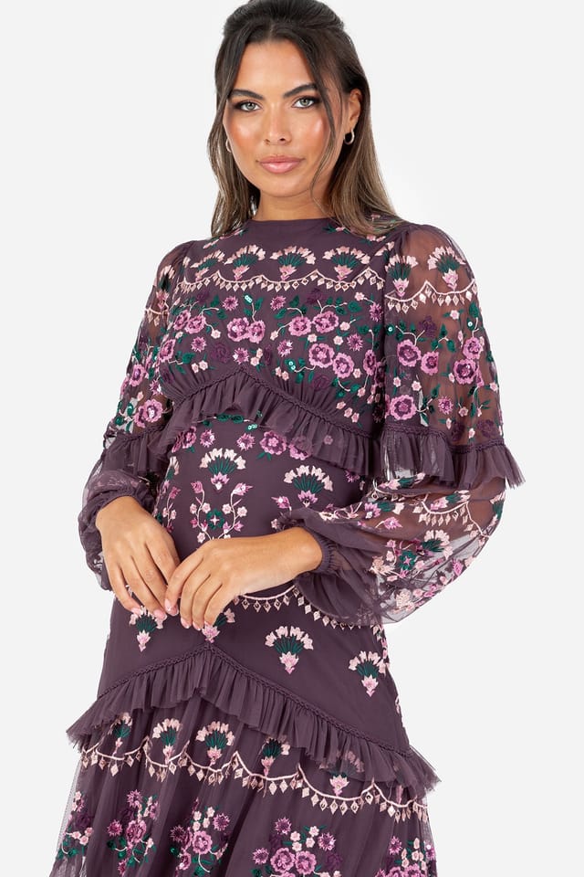 Maya Deluxe Maya Deluxe Women's Embroidered Long Sleeve Maxi Dress in Grape - 2