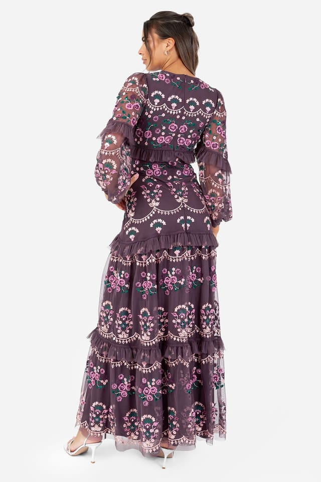 Maya Deluxe Maya Deluxe Women's Embroidered Long Sleeve Maxi Dress in Grape - 3