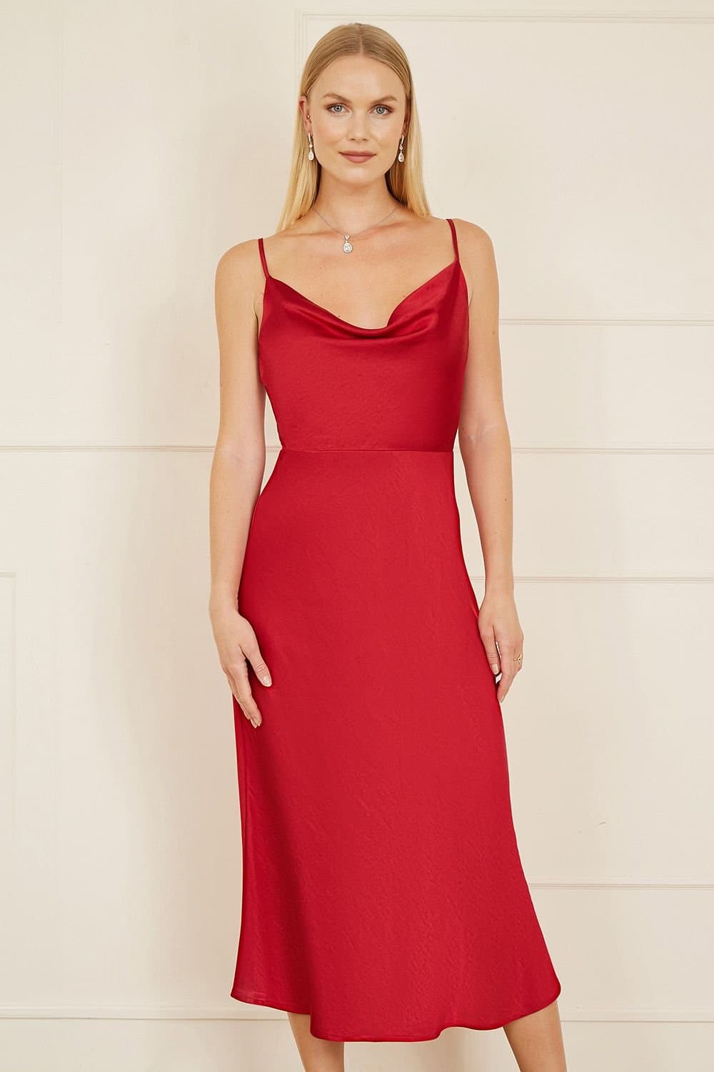 Yumi Yumi Women's Red Satin Cowl Neck Midi Dress