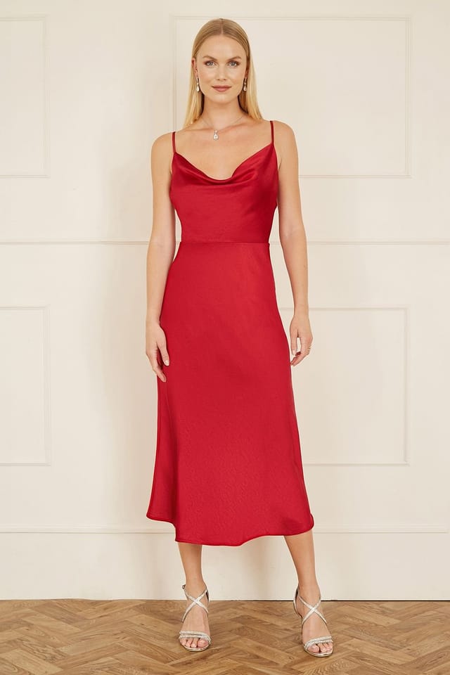 Yumi Yumi Women's Red Satin Cowl Neck Midi Dress - 3