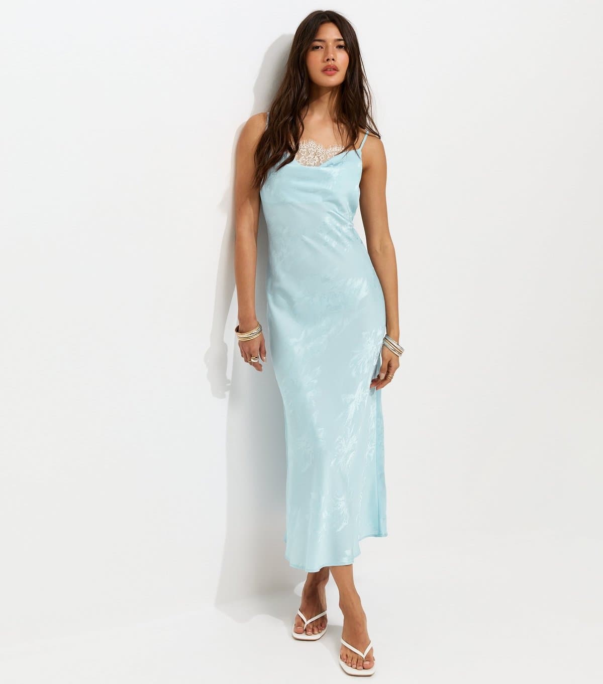 New Look Women's Light Blue Lace Trim Floral Jacquard Strappy Midi Dress New Look