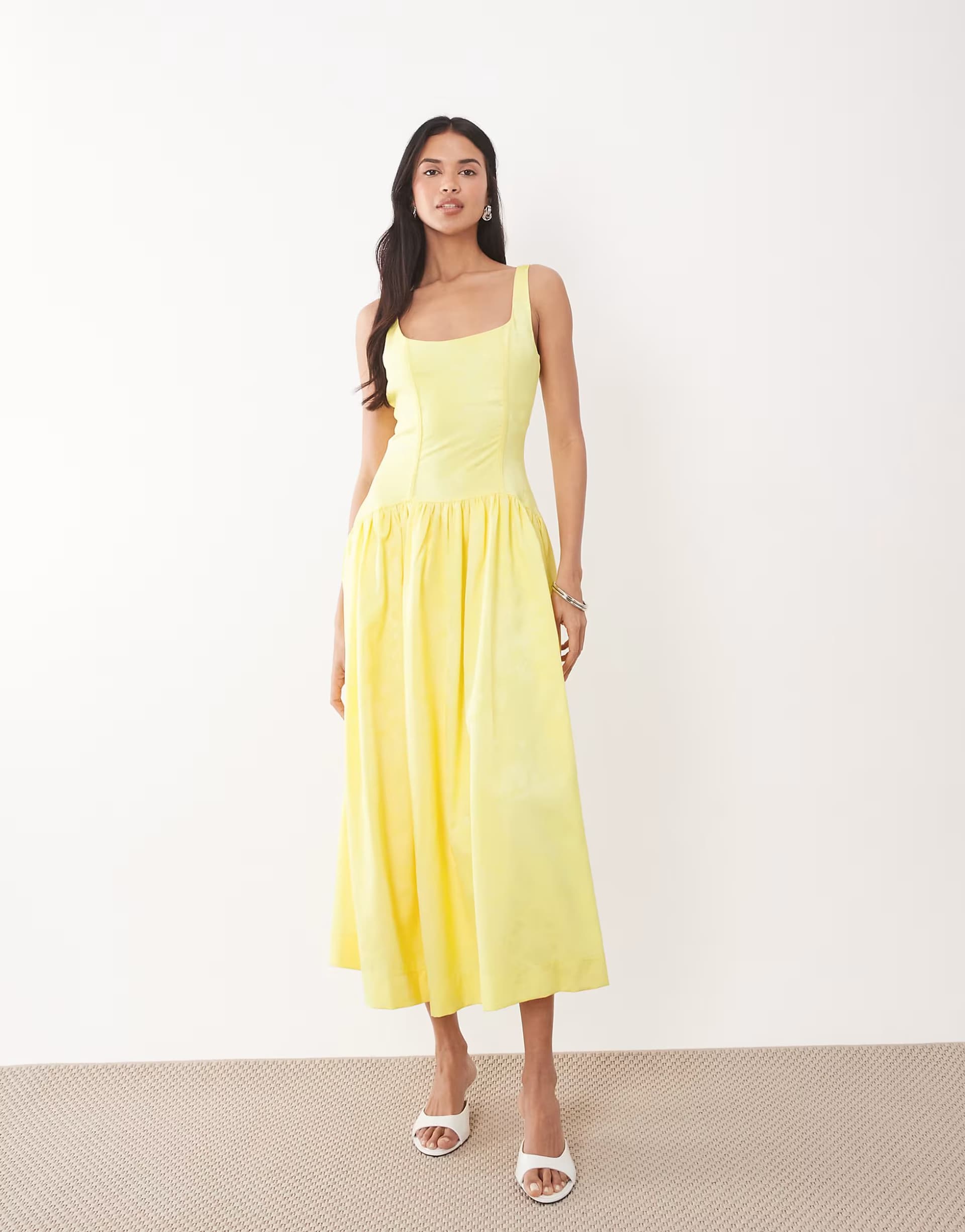 ASOS Rare London satin jacquard structured scoop back midaxi dress in lemon yellow