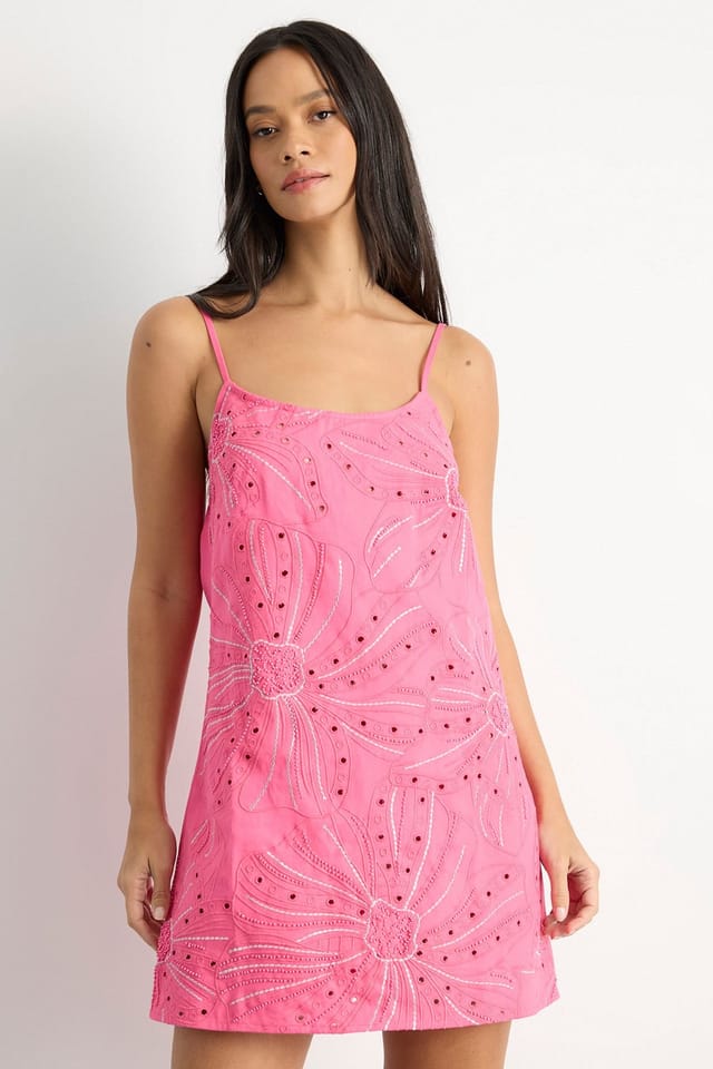 Warehouse Warehouse Women's Beaded Embroidered Slip Mini Dress in Pink - 2