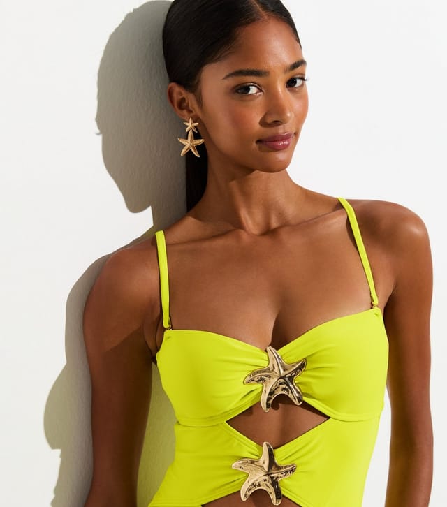 New Look Women's Bright Yellow Tummy Control Starfish Charm Trim Cutout Swimsuit New Look - 2