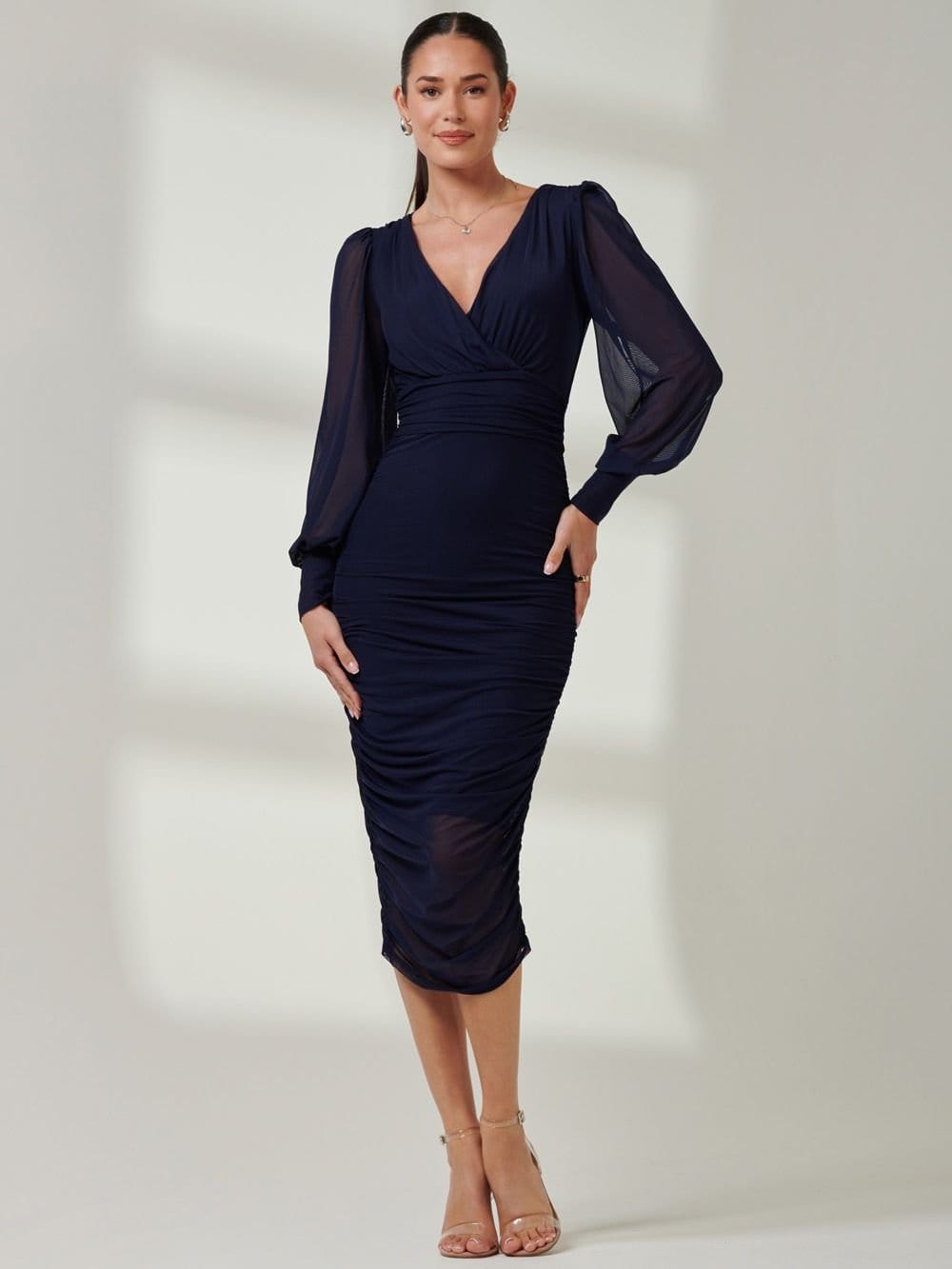 Jolie Moi Jolie Moi Women's Long Sleeve Ruched Mesh Midi Dress in Blue - 4