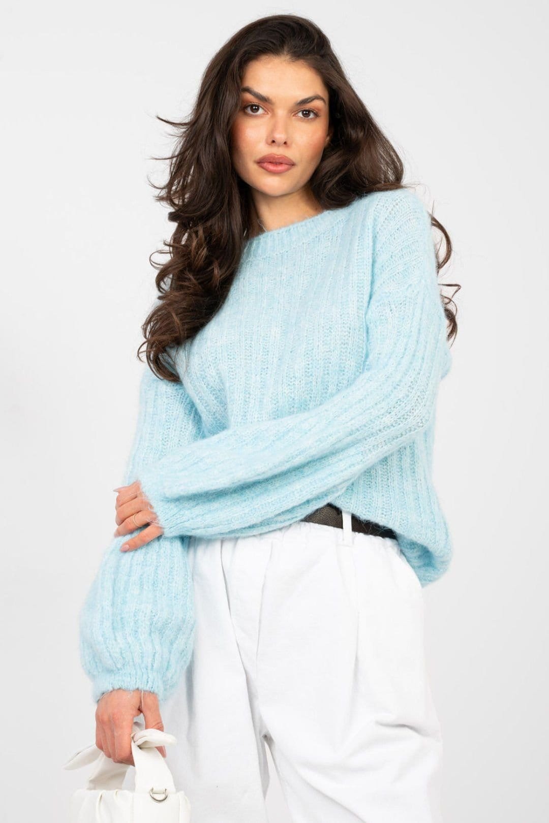 Love Lace Blue Blend Puffed Sleeve Sweater