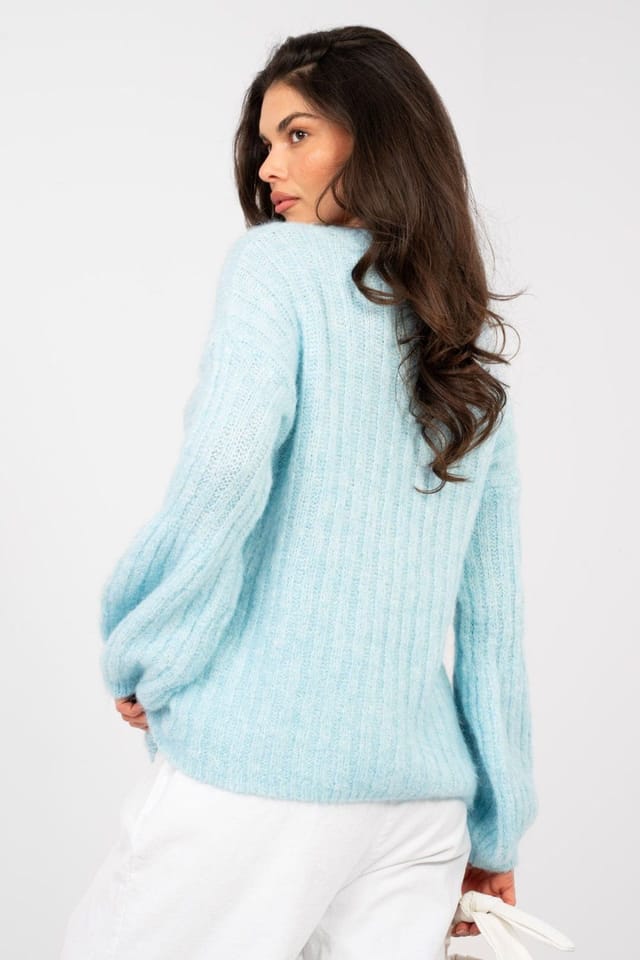 Love Lace Love Lace Women's Blend Puffed Sleeve Round Neck Sweater in Blue - 3