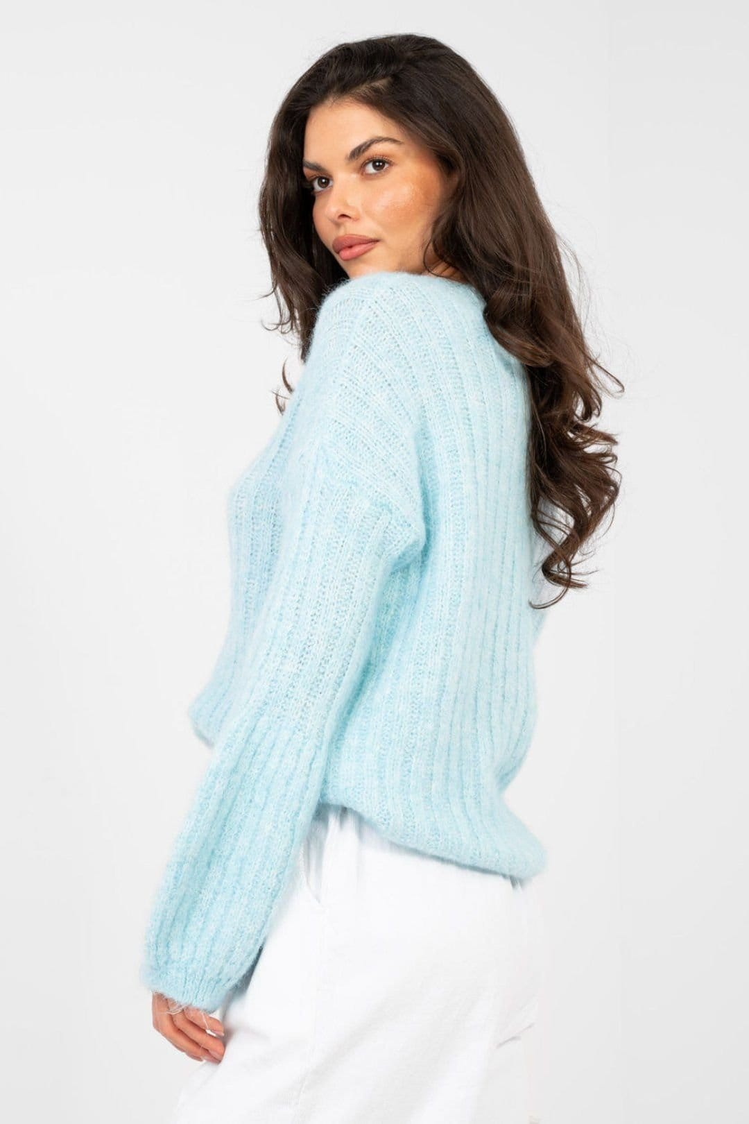 Love Lace Love Lace Women's Blend Puffed Sleeve Round Neck Sweater in Blue - 4