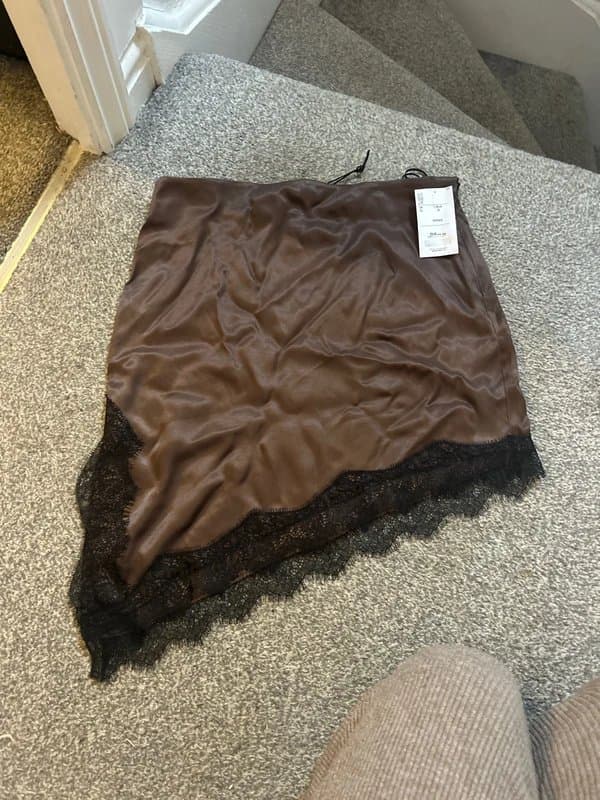 Bershka Brown silk and lace asymmetrical skirt