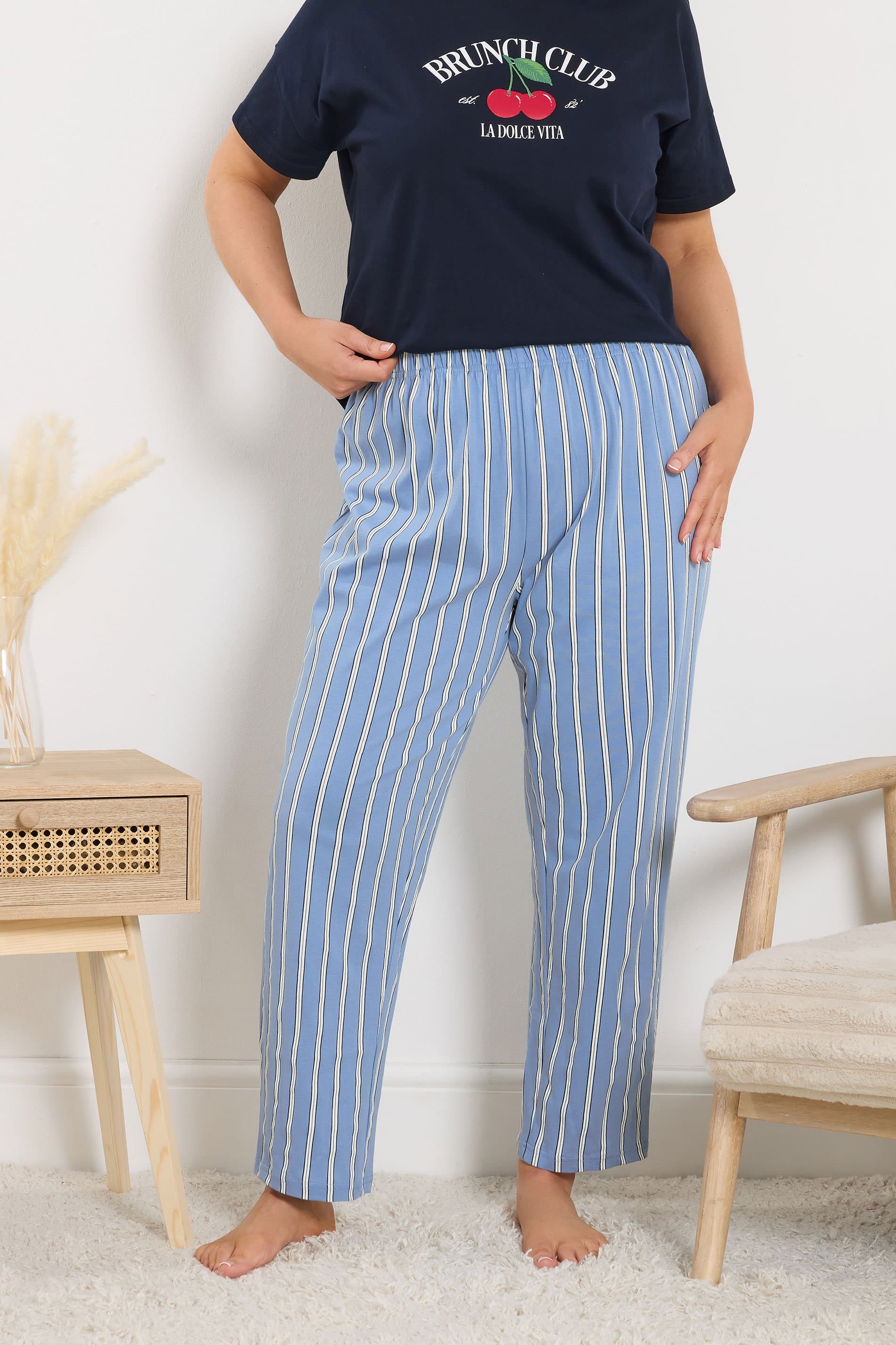 Yours Plus Size Blue Stripe Wide Leg Pyjama Bottoms