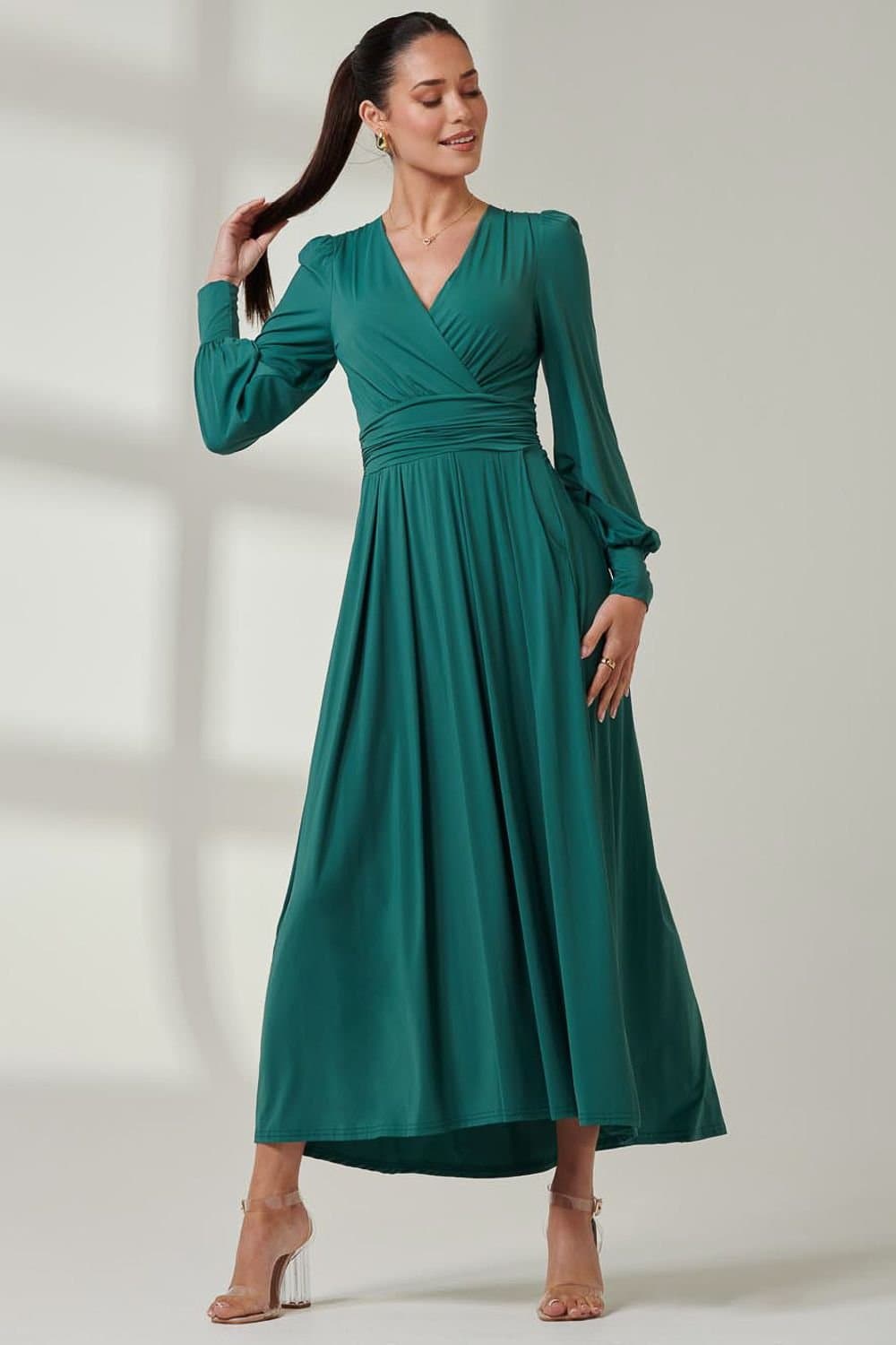 Jolie Moi Jolie Moi Women's Long Sleeve Super Soft Jersey Maxi Dress in Light Green