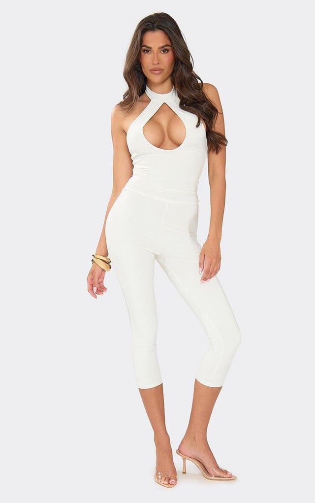 EGO High Neck Keyhole Cut Out Capri Jumpsuit In Ivory, Women's Size UK 6 - 2
