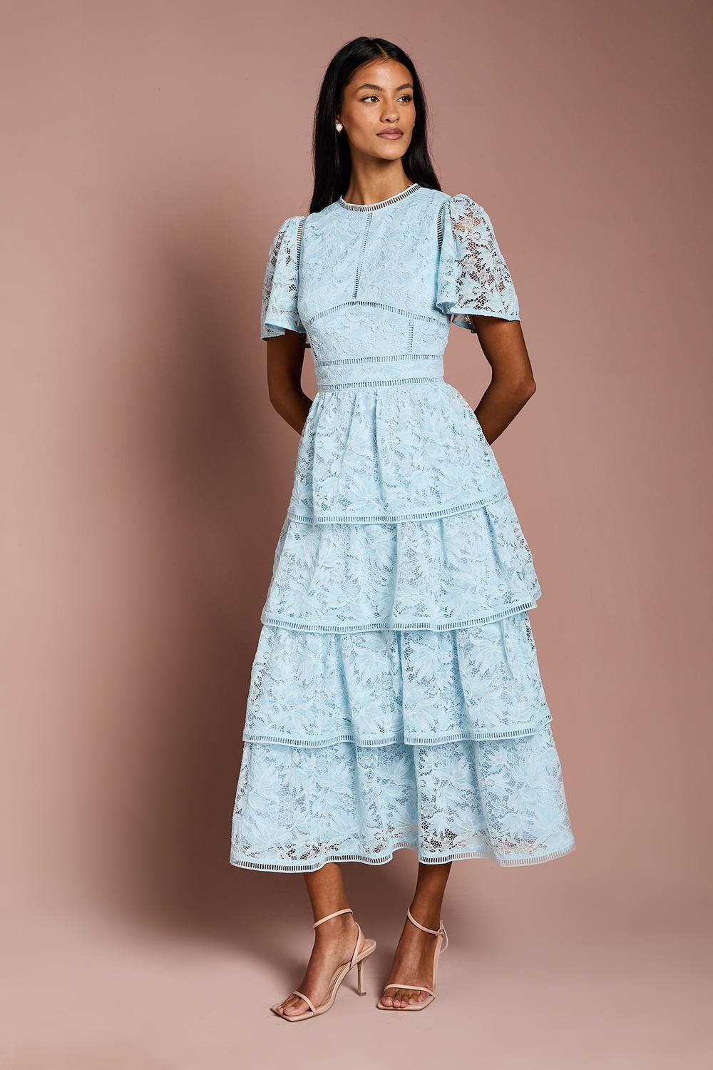Coast Coast Women's Petite Tiered Lace Dress With Flutter Sleeve & Trims in Pale Blue - 2