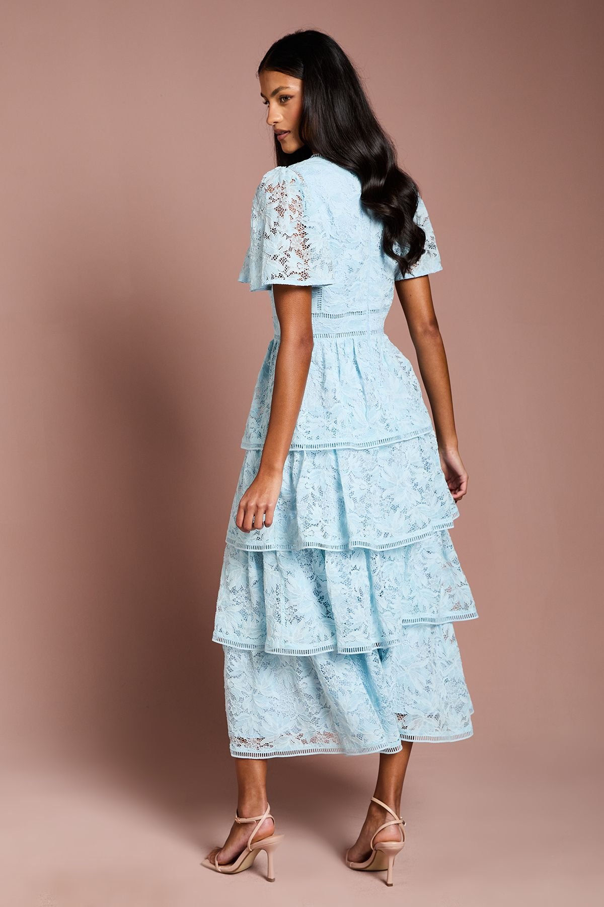 Coast Coast Women's Petite Tiered Lace Dress With Flutter Sleeve & Trims in Pale Blue - 3