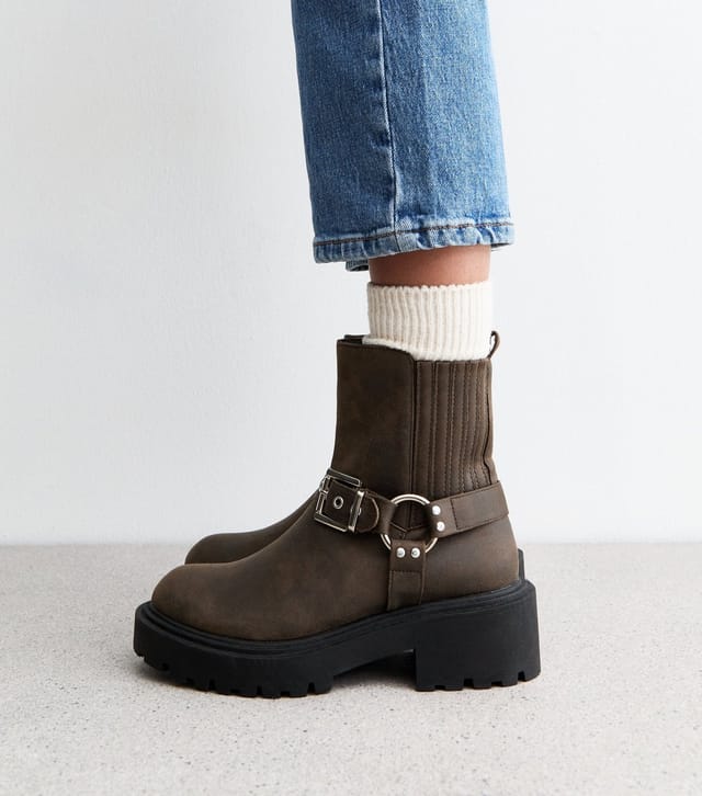 New Look Women's Dark Brown Chunky Buckle Biker Boots Vegan New Look - 2