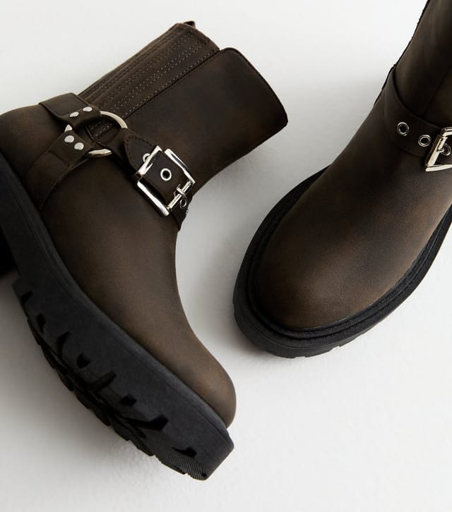 New Look Women's Dark Brown Chunky Buckle Biker Boots Vegan New Look - 3