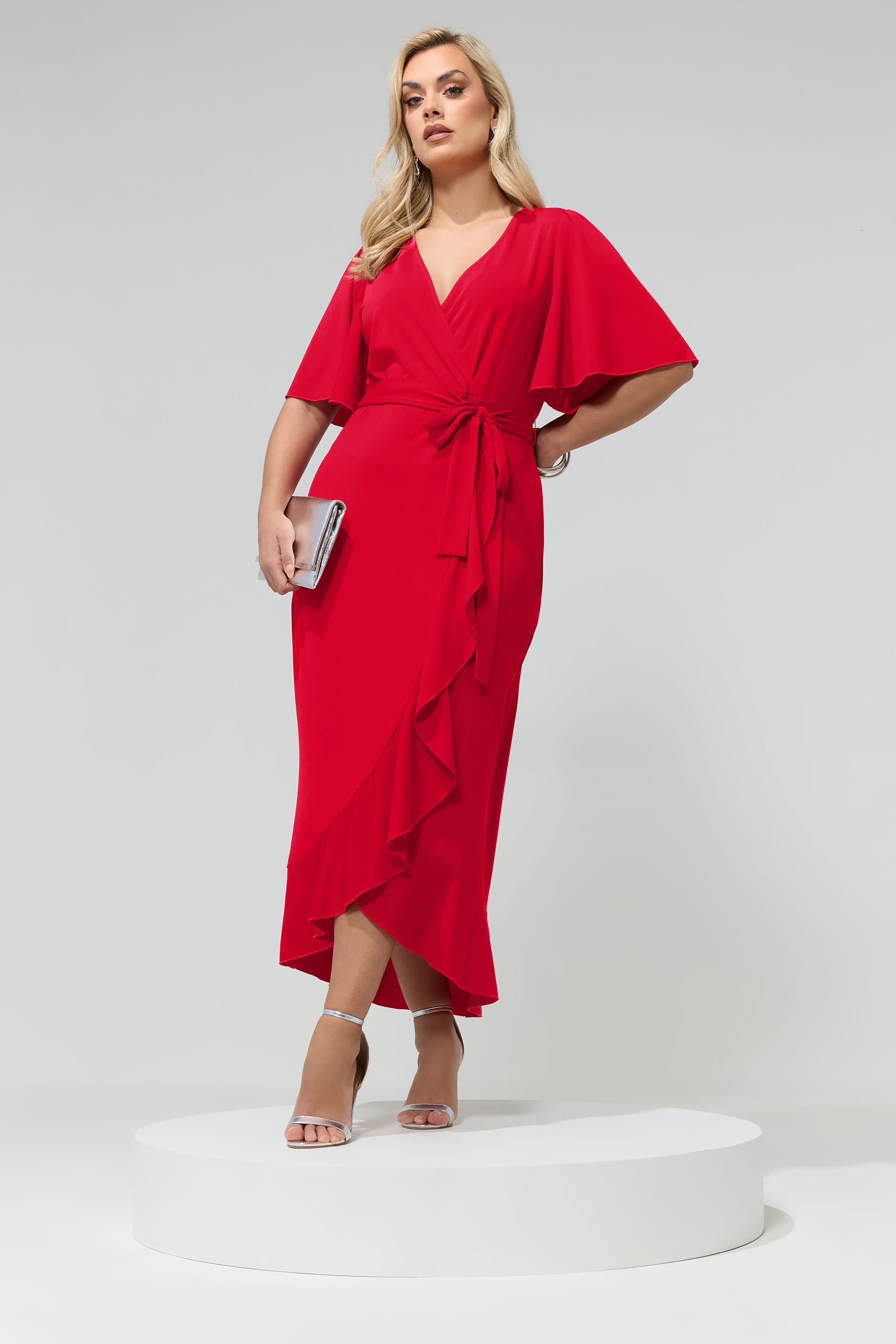 Yours London Plus Size Red Short Sleeve Ruffle Wrap Maxi Dress