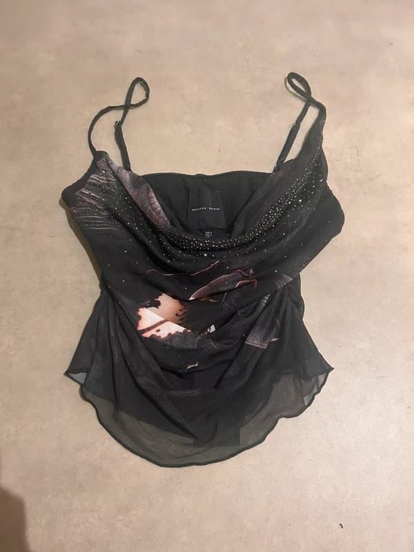 Bershka Bershka Rhinestone Draped Tulle Floral Cowl Top