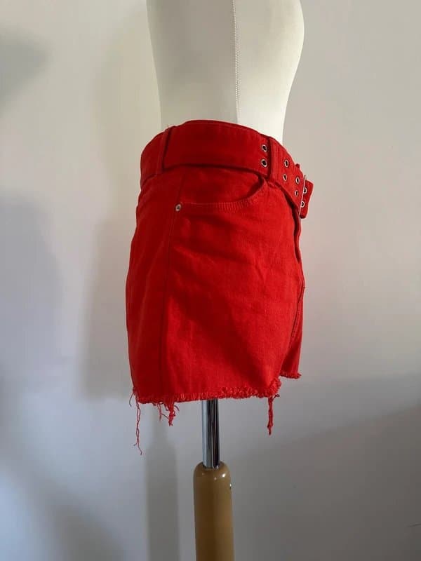 Bershka Bershka Red Denim Mini Skirt UK 8 Belted Raw Hem Y2K Festival