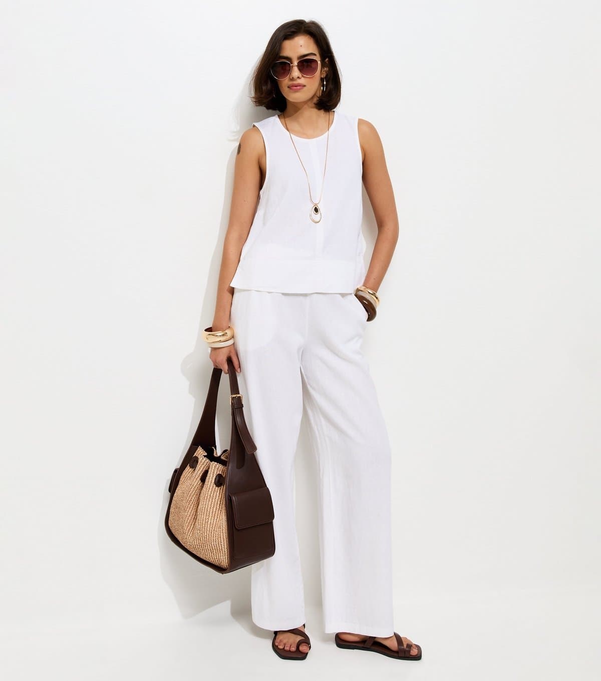 New Look Women's White Linen Blend Wide Leg Trousers New Look