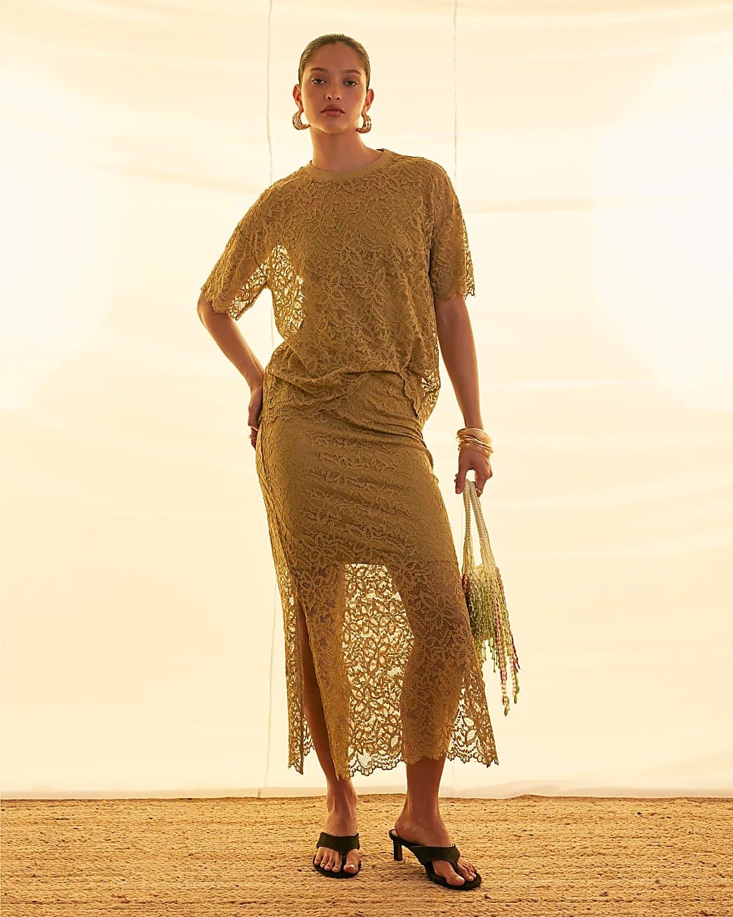River Island River Island Womens Khaki Cotton Blend Lace Midi Skirt
