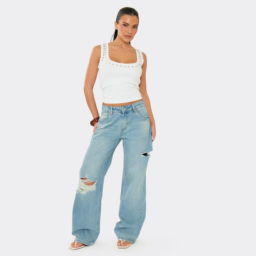 EGO Mid Rise Distressed Ripped Detail Wide Leg Jeans In Blue Denim, Women's Size UK 10 - 1