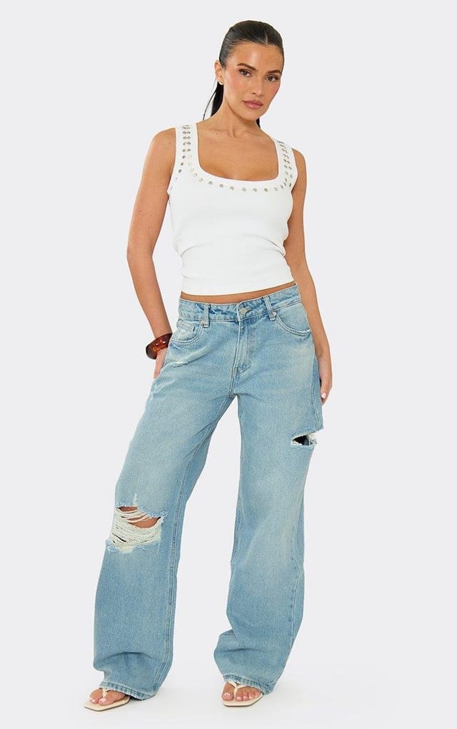 EGO Mid Rise Distressed Ripped Detail Wide Leg Jeans In Blue Denim, Women's Size UK 10 - 2
