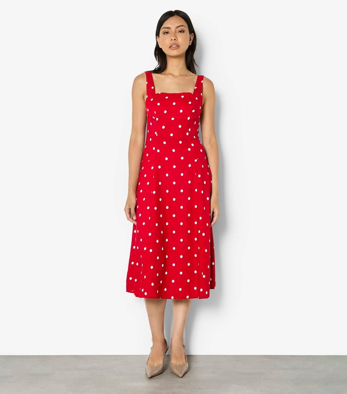 Apricot Women's Red With Linen Polka Dot Print Midi Dress Apricot New Look