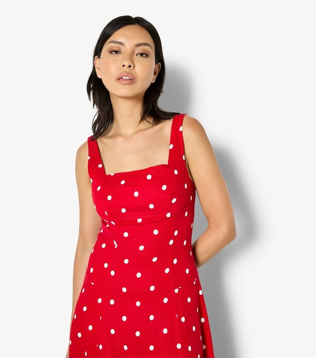 Apricot Women's Red With Linen Polka Dot Print Midi Dress Apricot New Look - 2