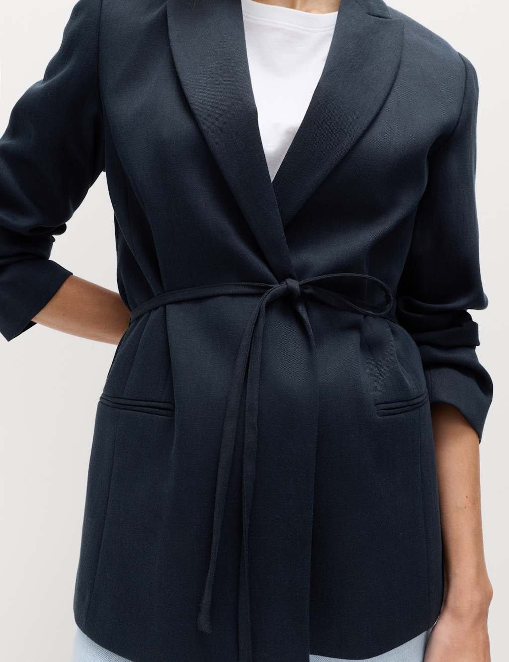 Marks & Spencer M&S Tie Belted Blazer with Linen Midnight Navy - 1