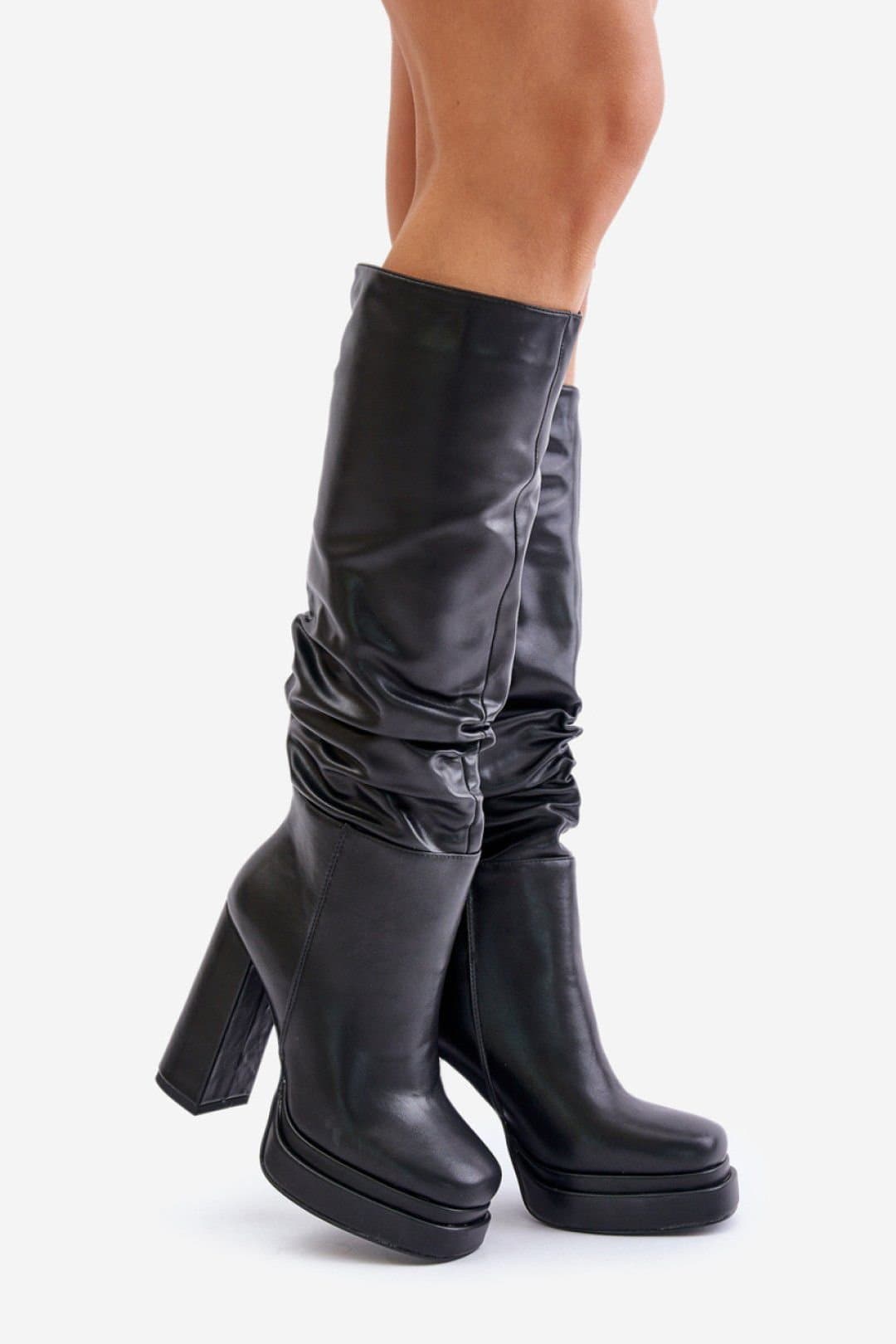Love Lace Love Lace Women's Heeled Platform Slip On Boots with Round Toe Crease Upper in Black