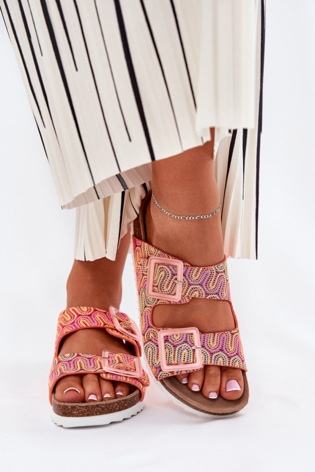 Love Lace Love Lace Women's Textile Strap Flip Flops with Sequined Buckles & Cork Platform in Orange