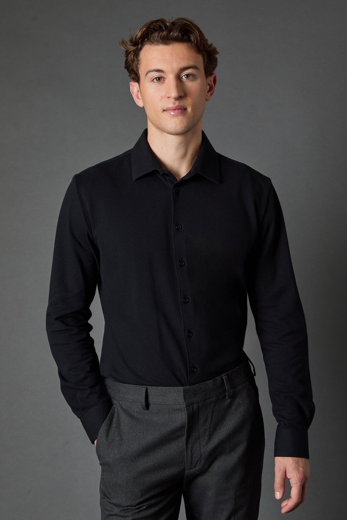 Burton Men's Black Pique Slim Fit Long Sleeve Shirt