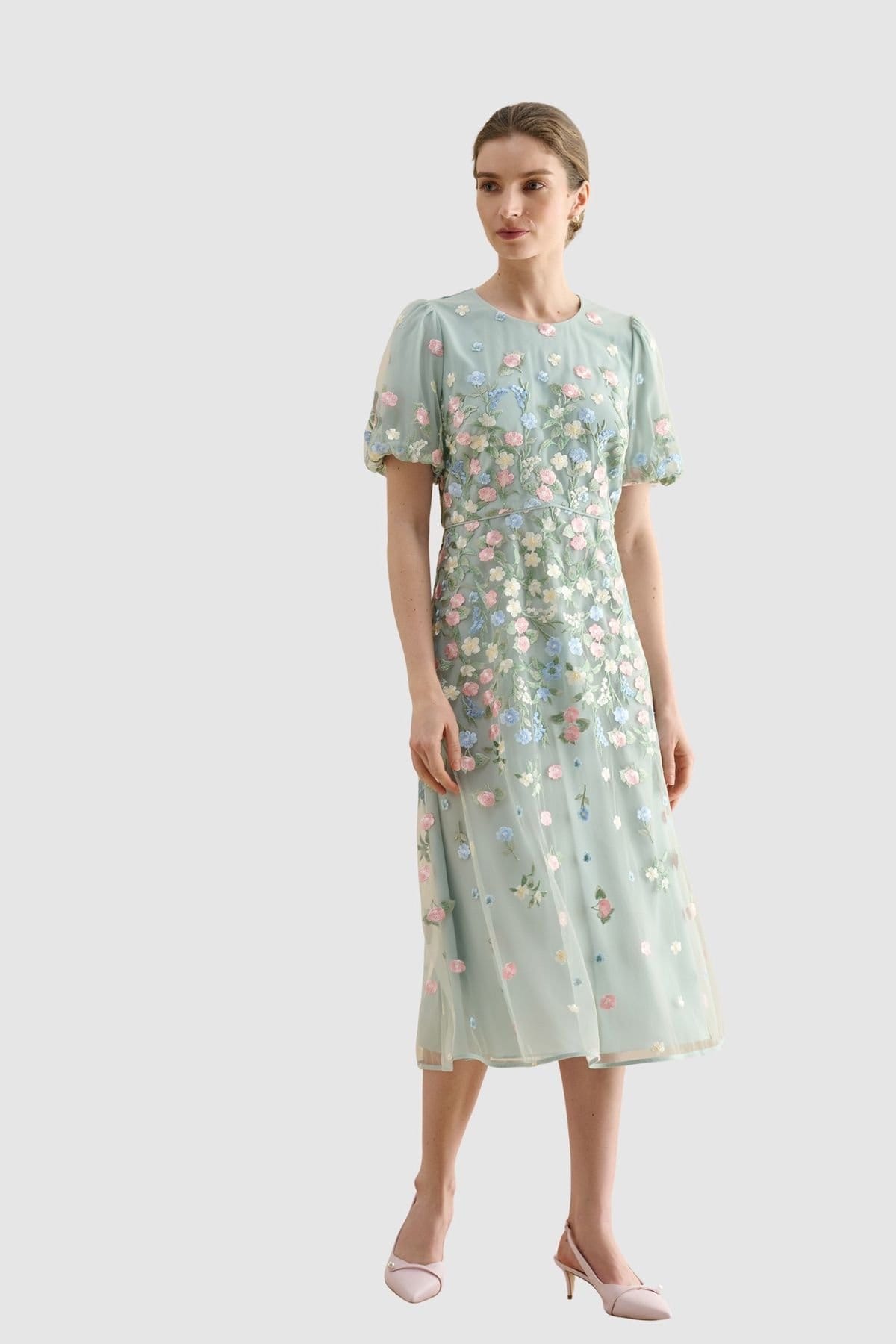Hobbs London Mint Embroidered Floral Midi Dress