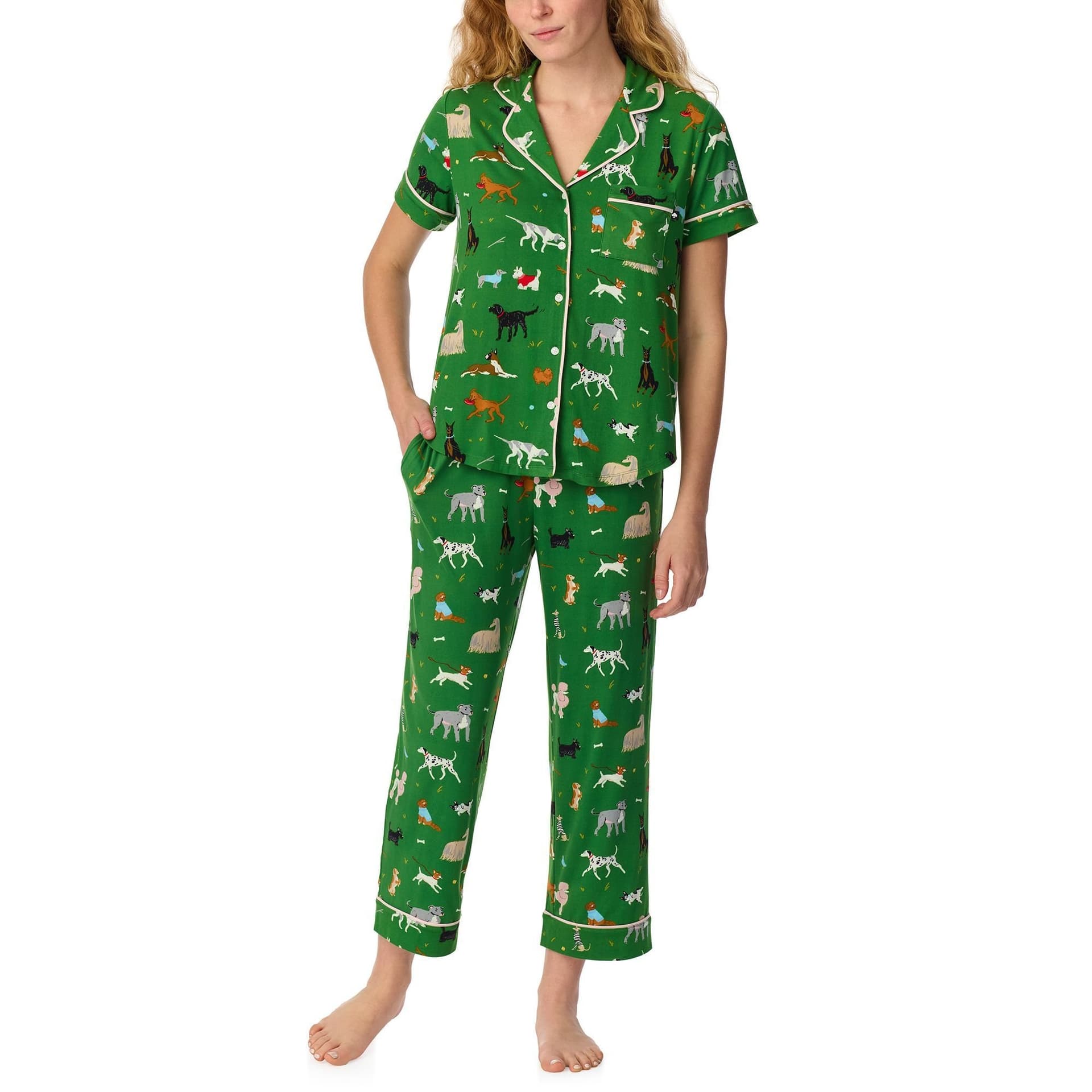 kate spade new york Kate Spade New York Women's Short Sleeve Cropped PJ Set in Brushed Jersey with Dog Pattern in Green