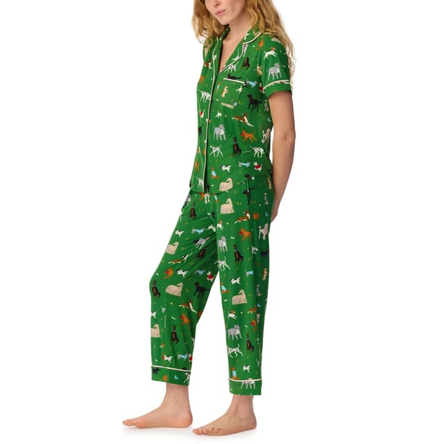 kate spade new york Kate Spade New York Women's Short Sleeve Cropped PJ Set in Brushed Jersey with Dog Pattern in Green - 3